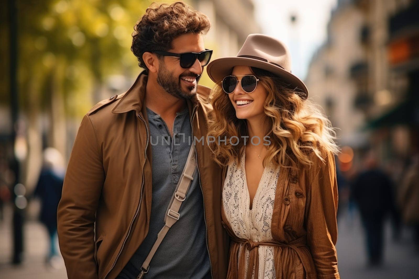 cheerful happy couple in love visiting Paris city centre and Eiffel Tower. tourists travelling in Europe and dating outdoors. AI Generated