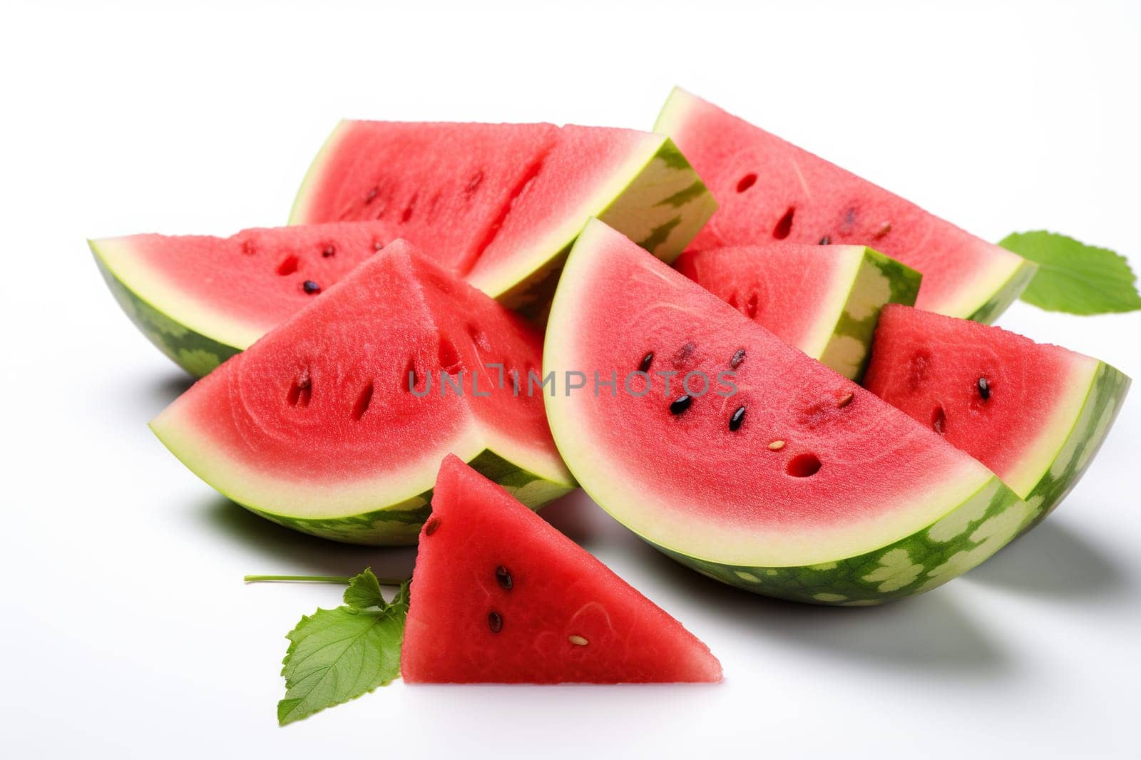 Pieces of juicy ripe watermelon on a white background. Generated by artificial intelligence by Vovmar