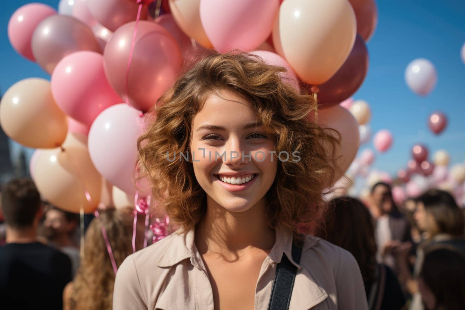 A beautiful girl with pink balloons against the backdrop of the Eiffel Tower in Paris. AI Generated