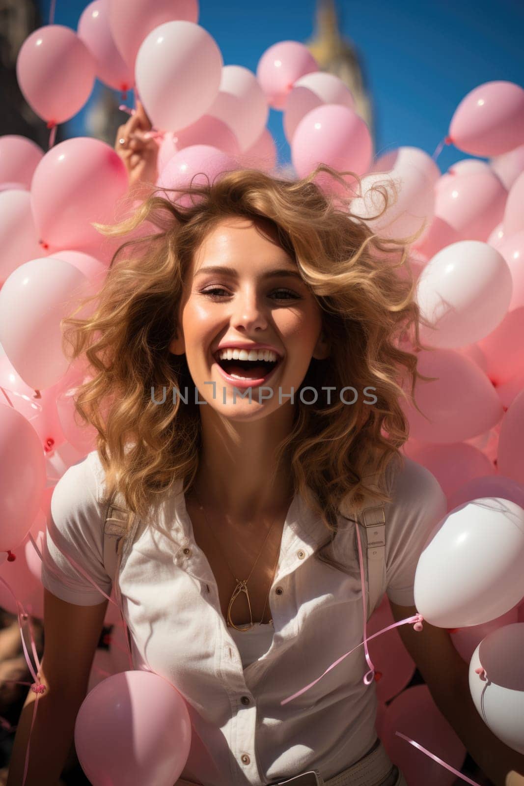 beautiful girl with pink balloons against the backdrop of the Eiffel Tower in Paris. AI Generated by Desperada