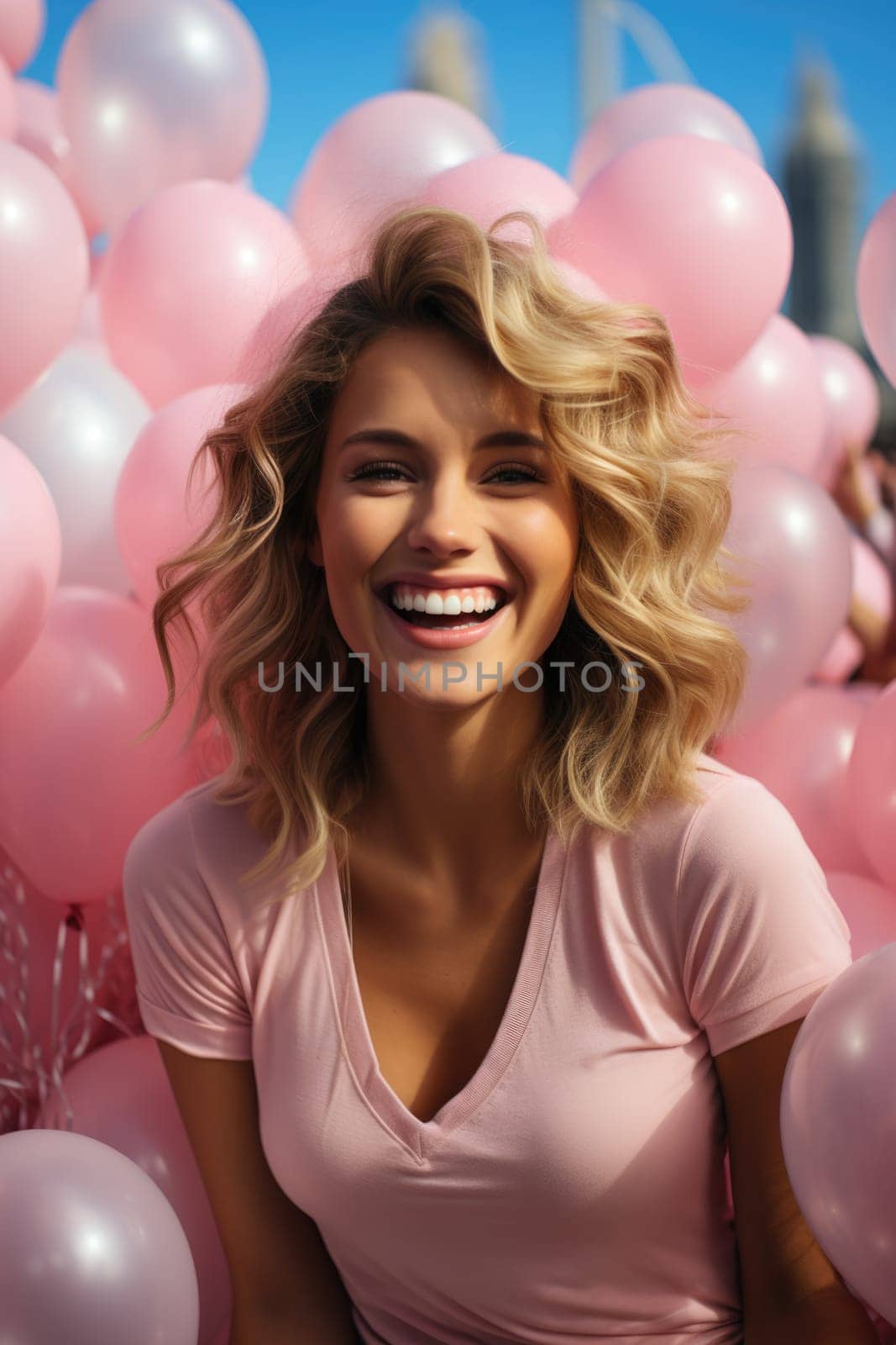 A beautiful girl with pink balloons against the backdrop of the Eiffel Tower in Paris. AI Generated