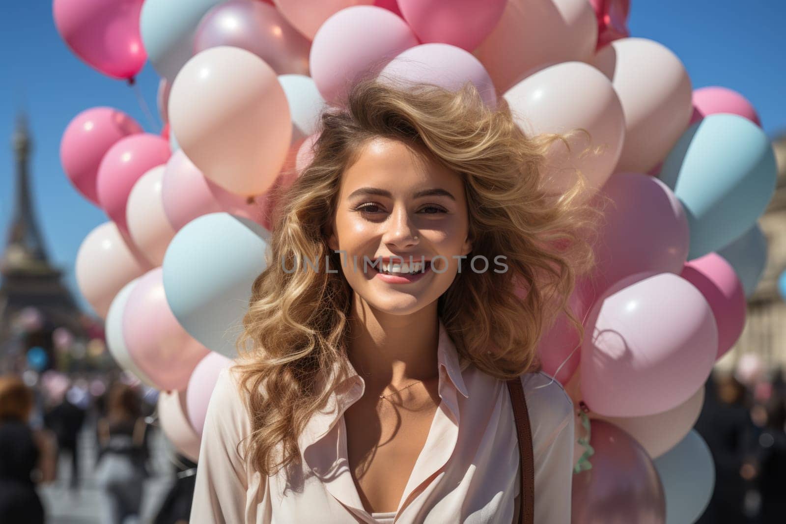 A beautiful girl with pink balloons against the backdrop of the Eiffel Tower in Paris. AI Generated