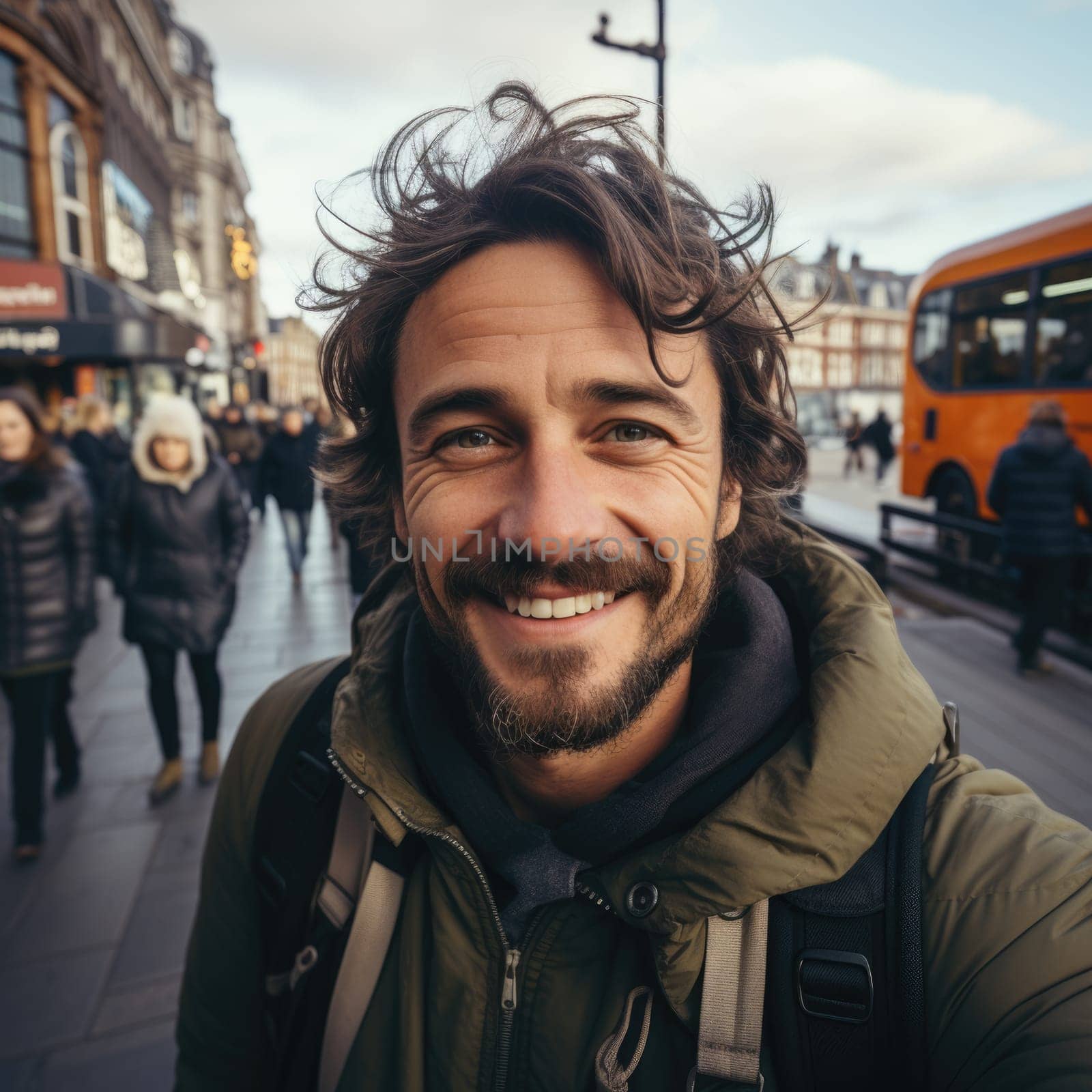 man walking on street in paris, taking selfie. AI Generated