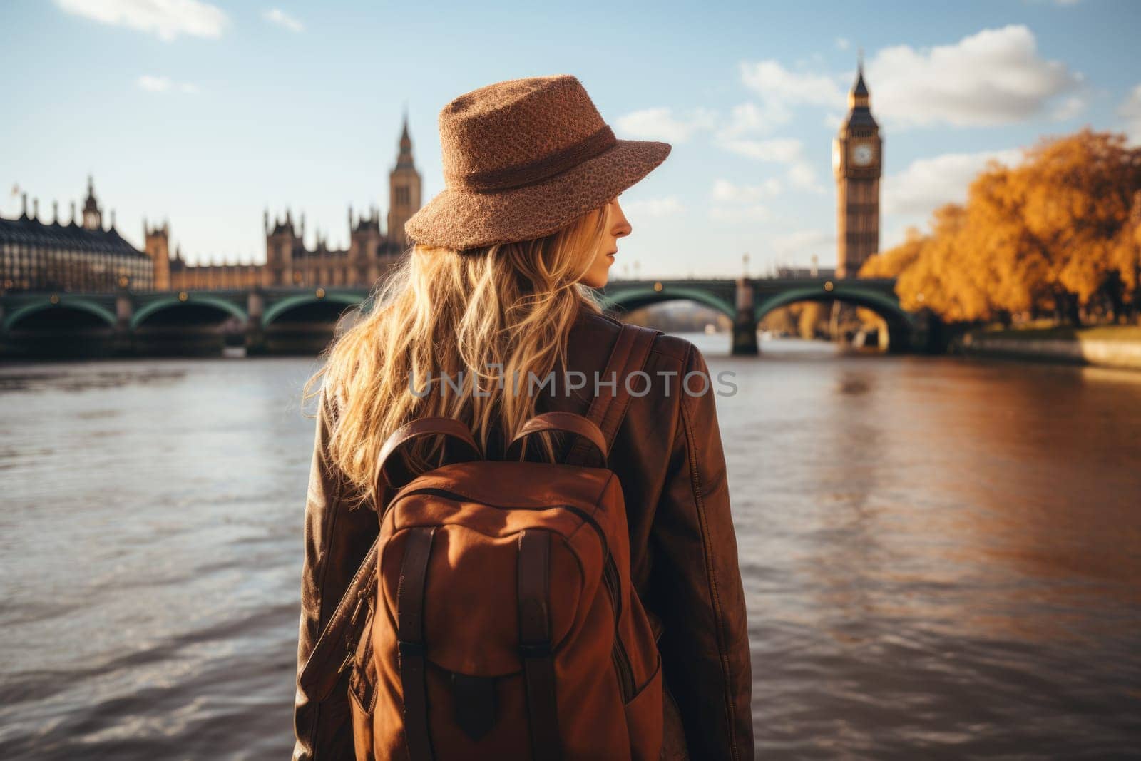 Woman walking on street in London, rear view. AI Generated