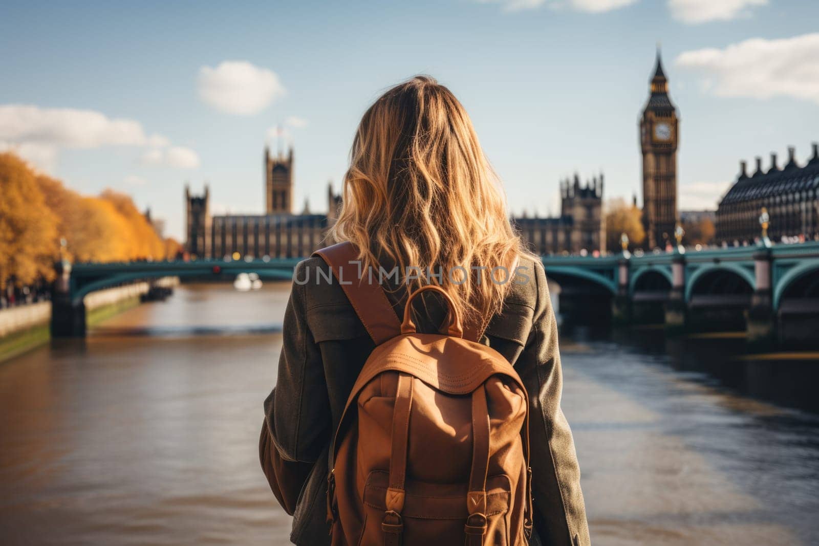 Woman walking on street in London, rear view. AI Generated