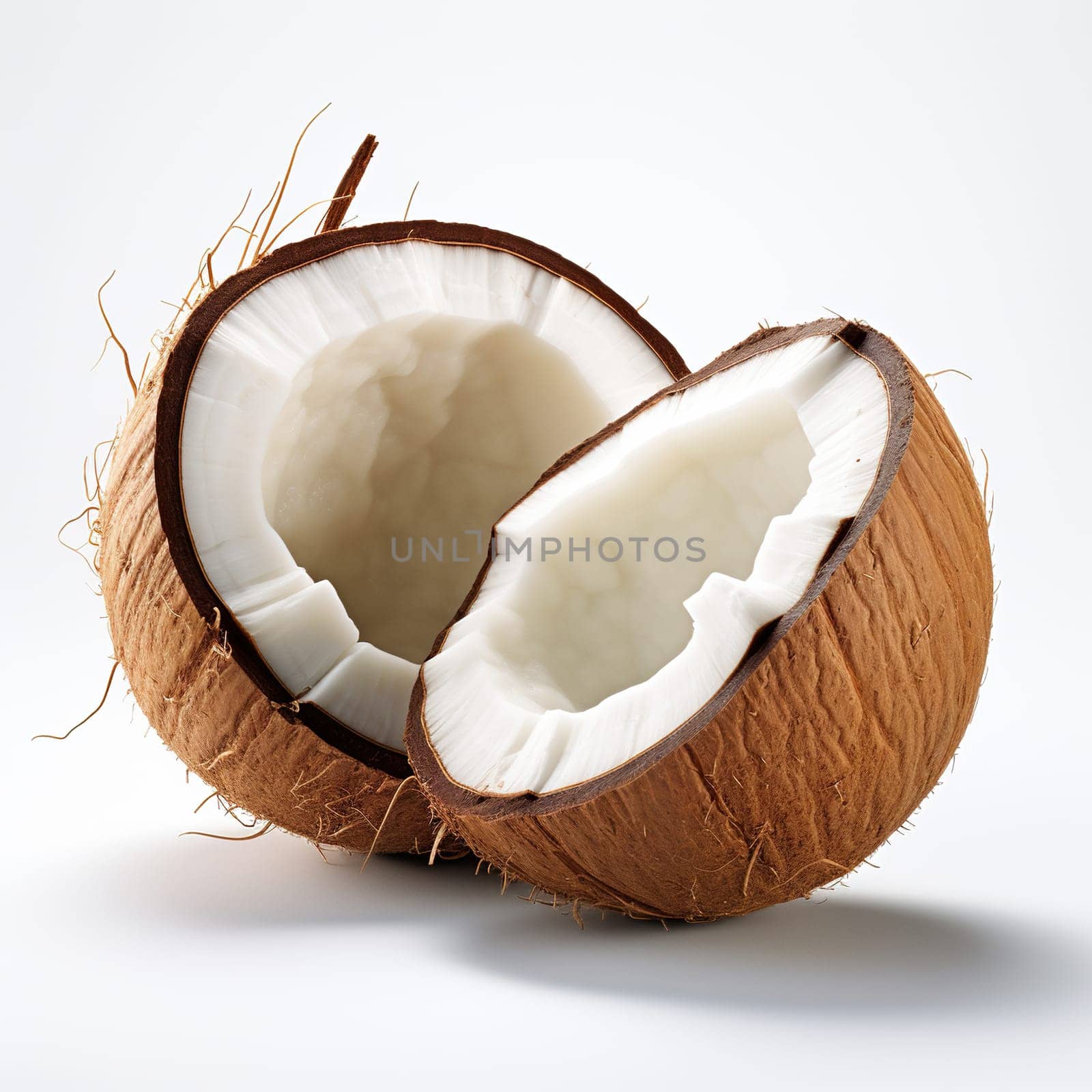 Halves of a coconut on a white background. Generated by artificial intelligence by Vovmar