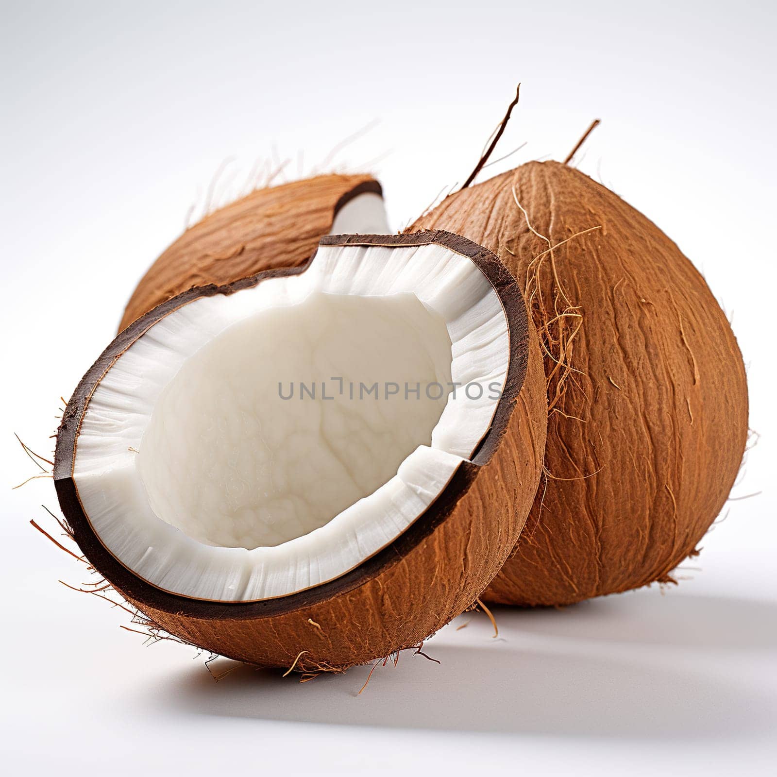 Halves of a coconut on a white background. Generated by artificial intelligence by Vovmar