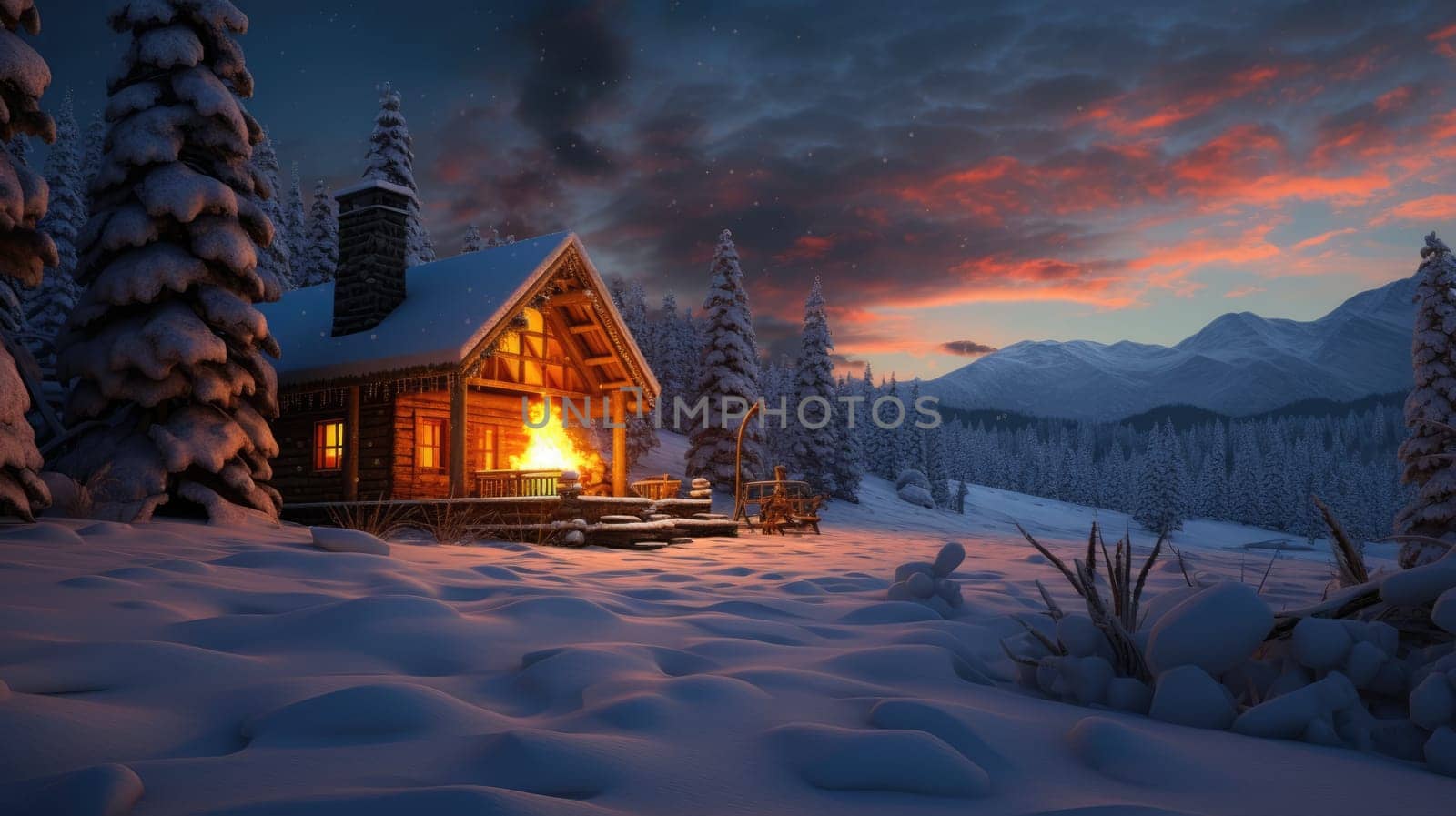 A cozy cabin in the woods photo realistic illustration - Generative AI. House, snow, pines, fire, sky.