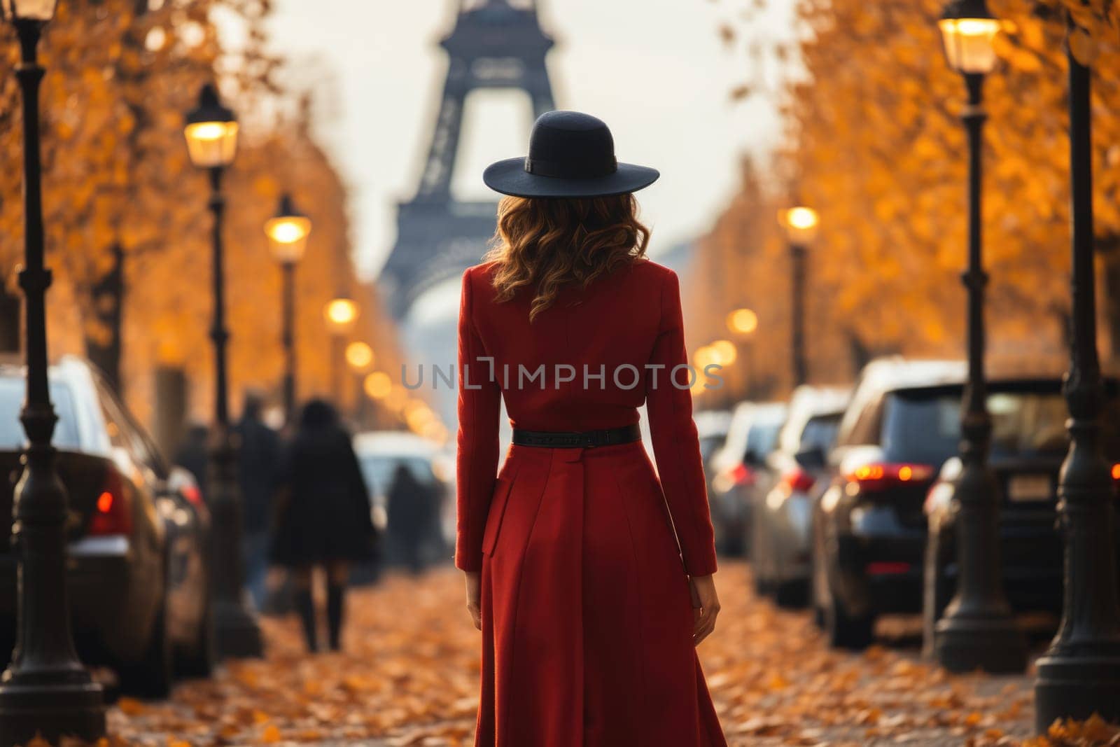 Woman walking on street in paris, rear view. AI Generated