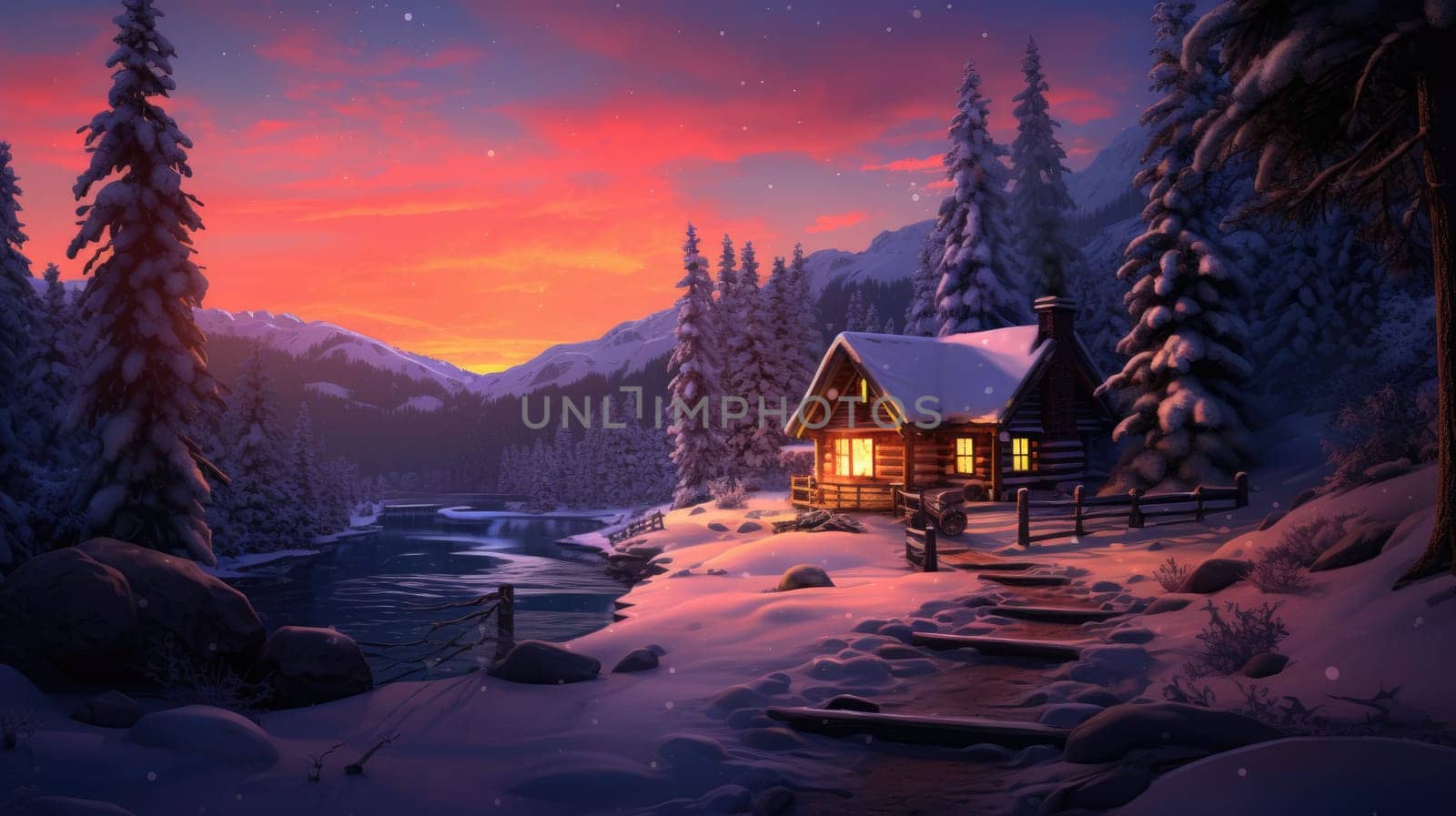 A cozy cabin in the woods photo realistic illustration - Generative AI. House, snow, pines, fire, sky.