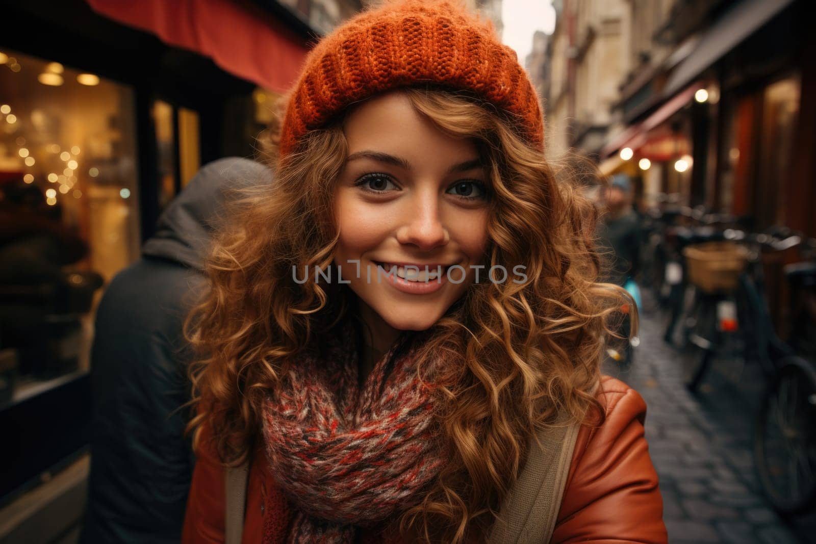 Woman walking on street in paris, taking selfie. AI Generated by Desperada