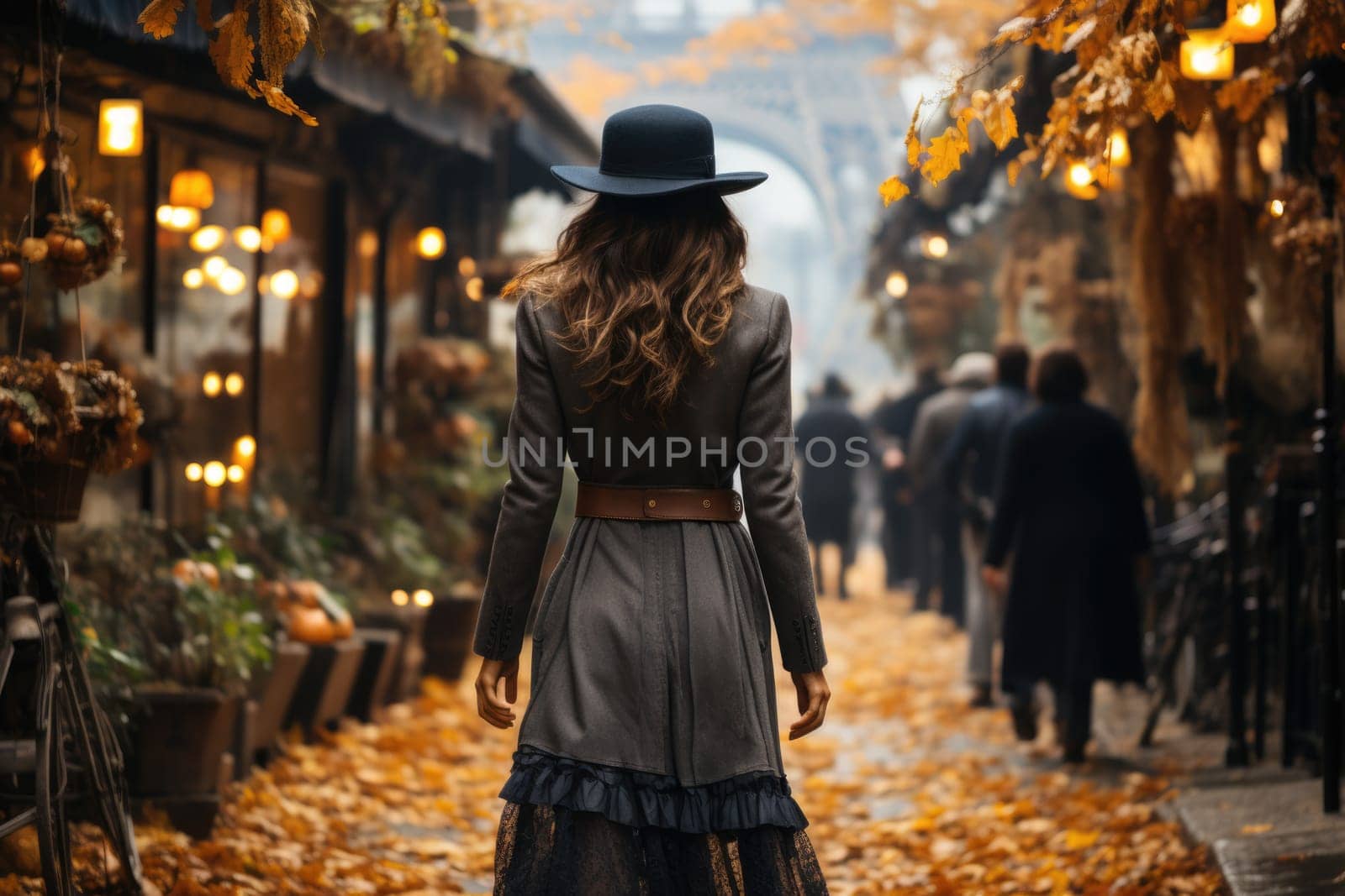 Woman walking on street in paris, rear view. AI Generated