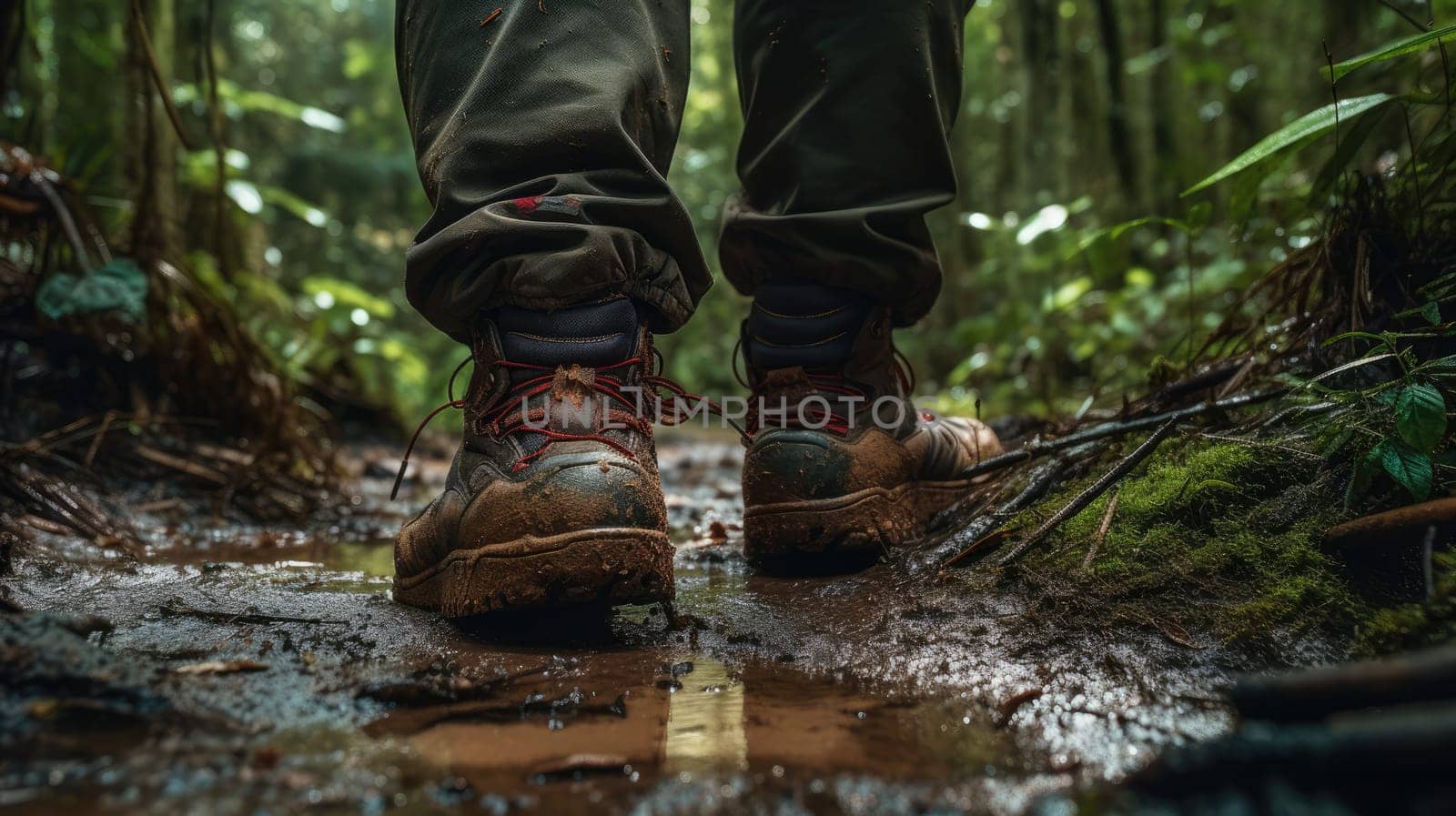 A bustling airport terminal photo realistic illustration - Generative AI. Boots, mud, green, grass.