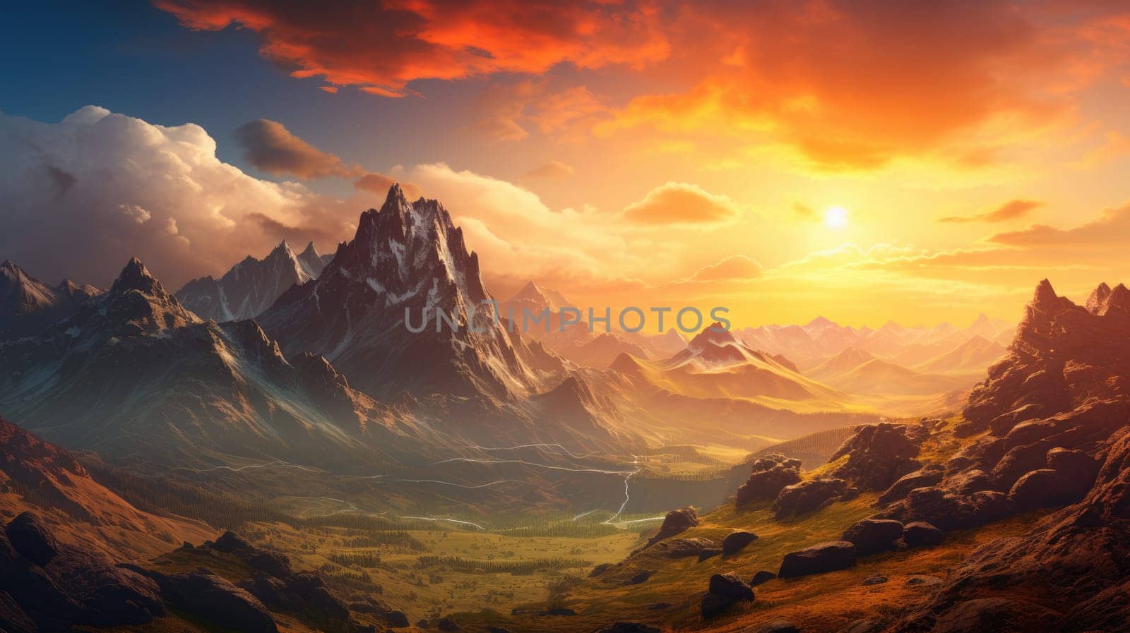 A panoramic view of a picturesque mountain photo realistic illustration - Generative AI. Mountain, top, sunlight, fog.