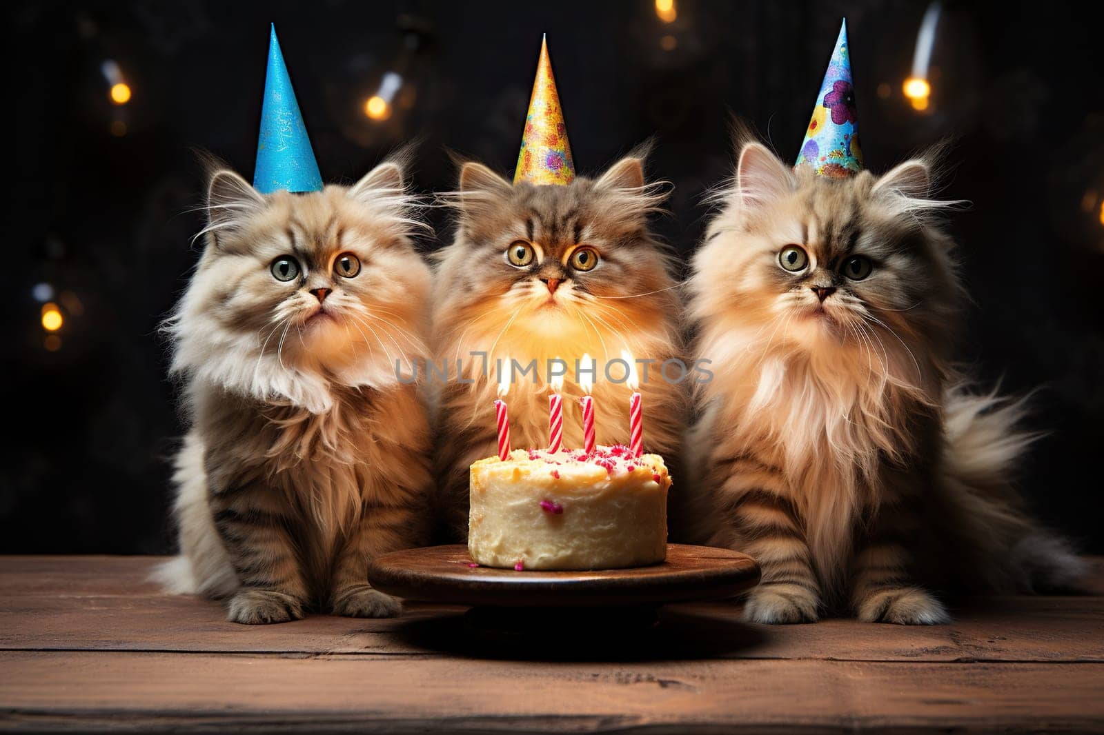 Three fluffy cats in festive caps celebrate a birthday at a wooden table with a cake.