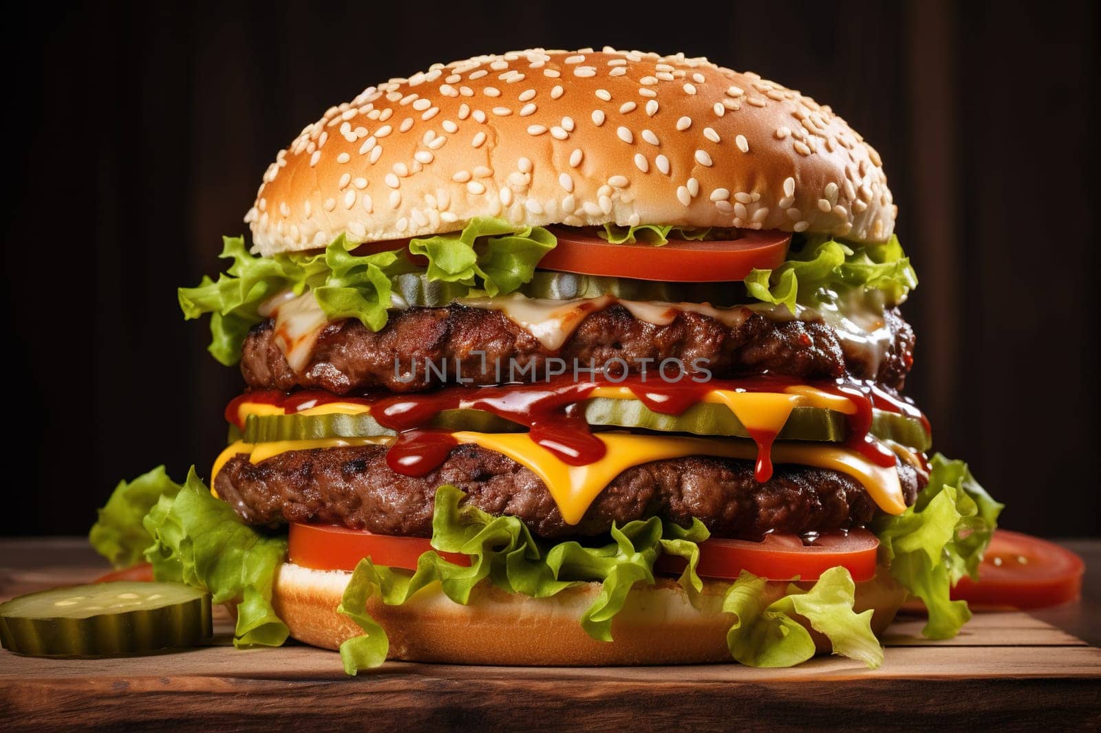 Juicy appetizing burger on a wooden tabletop close-up.