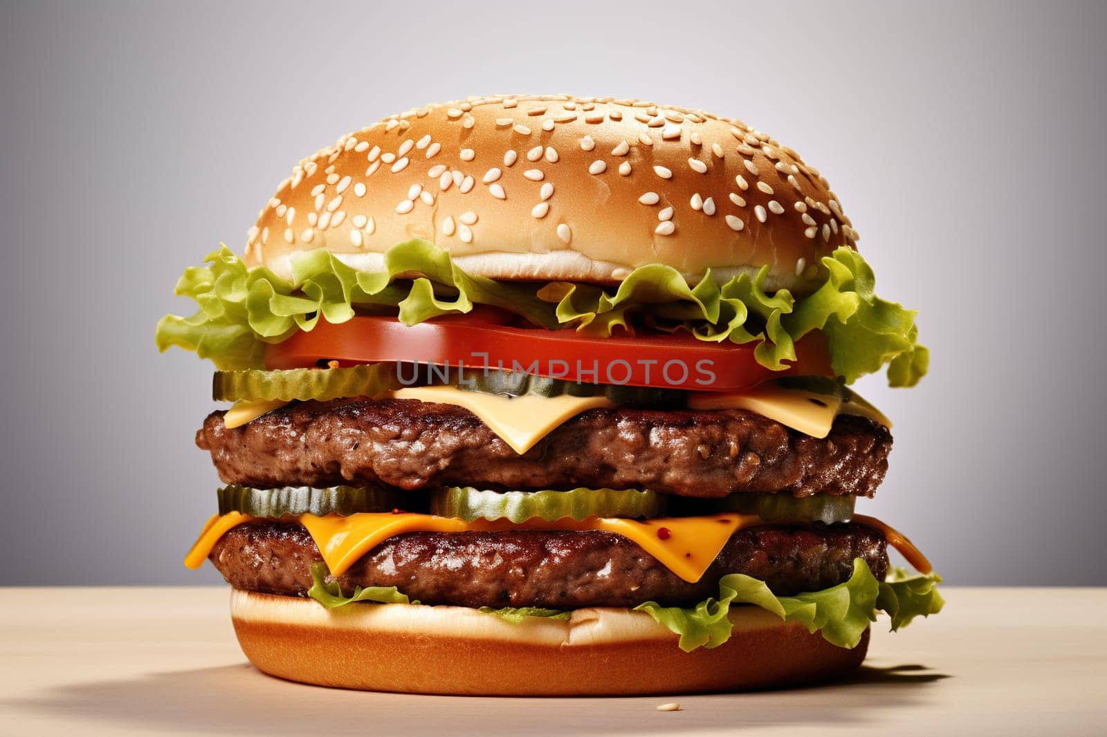 Juicy appetizing burger on a wooden tabletop close-up. Generated by artificial intelligence by Vovmar