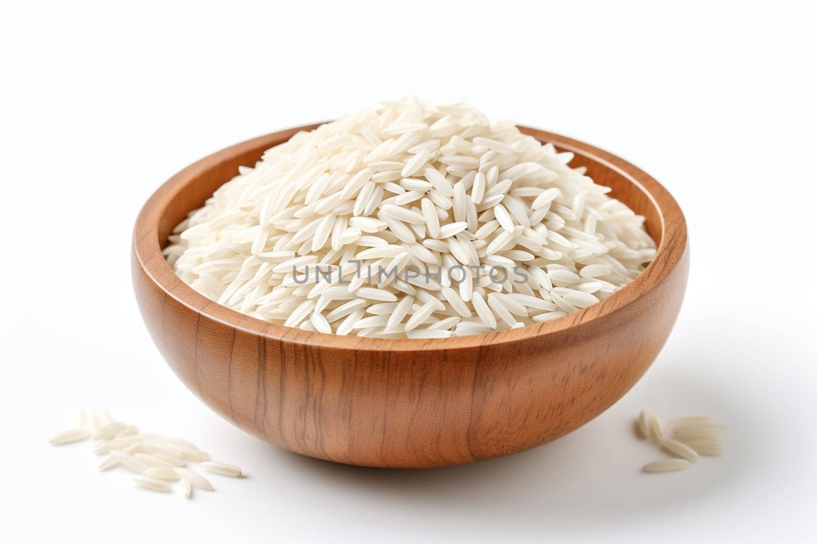 Rice grains in a wooden bowl on a white background. Generated by artificial intelligence by Vovmar