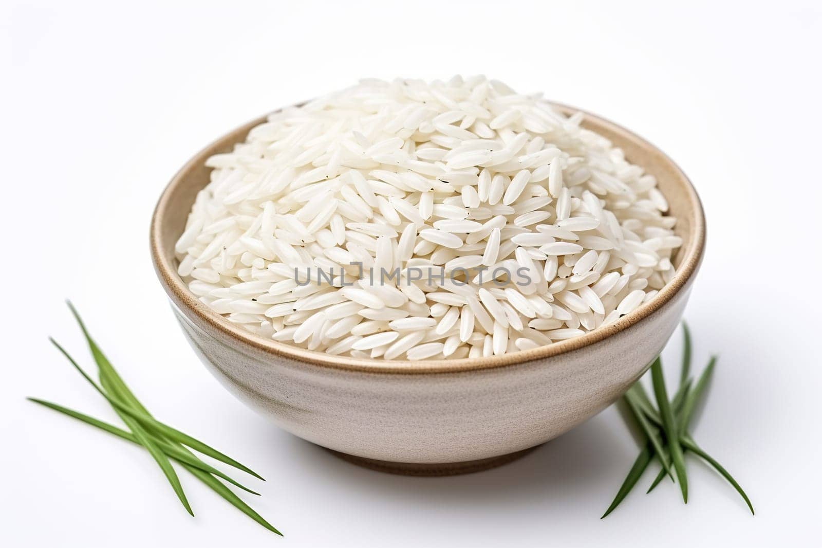 Rice grains in a wooden bowl on a white background. Generated by artificial intelligence by Vovmar