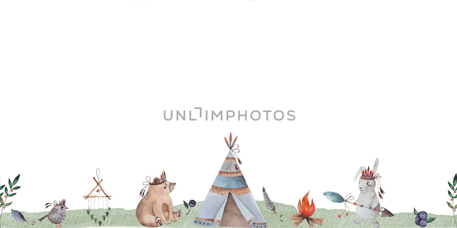 Watercolor seamless border with wigwam and cute animals bear, bunny and bird in boho style. Design of banners and textiles. by TatyanaTrushcheleva