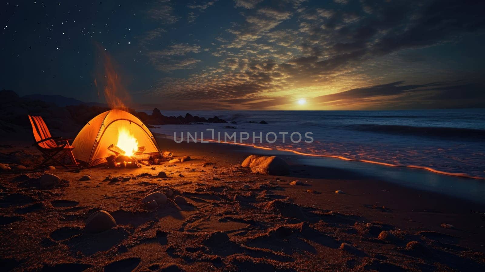 A tent pitched on a remote beach photo realistic illustration - Generative AI. Colorful, sky, tent, fire, beach.