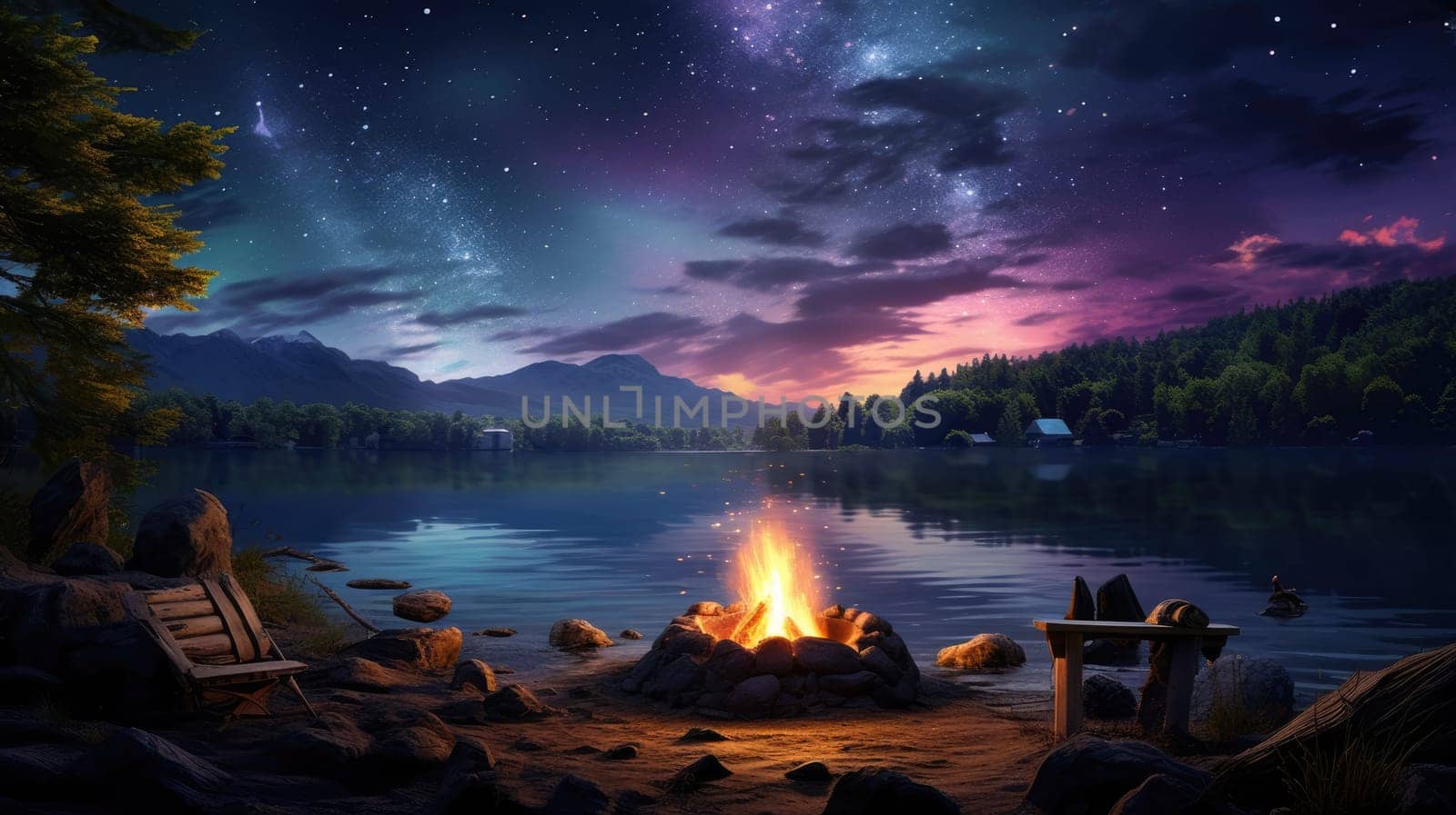A tranquil lakeside campfire cartoon illustration - Generative AI. Stars, sky, fire, chair, lake.