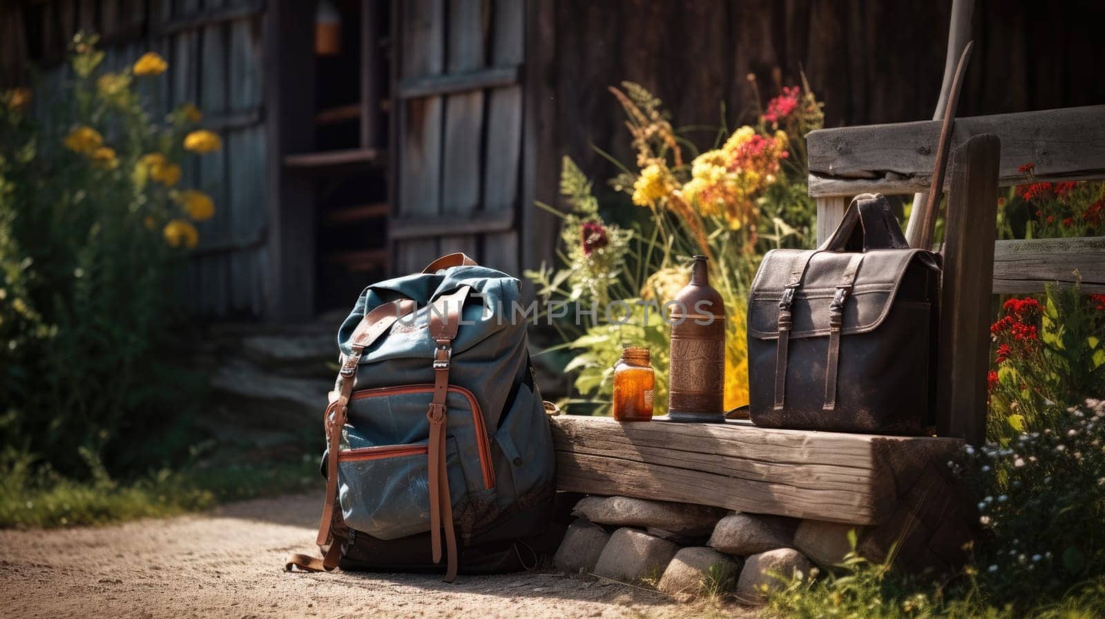 A travelers backpack with photo realistic illustration - Generative AI. Backpack, bottle, jar, door, flowers.