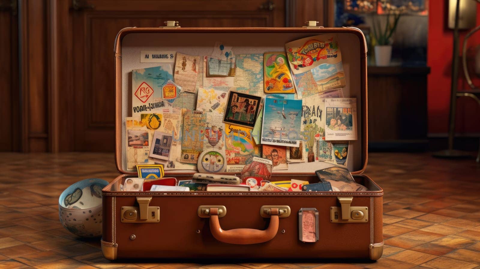 A vintage suitcase with travel stickers with photo realistic illustration - Generative AI. Vintage, suitcase, stickers, parquet.