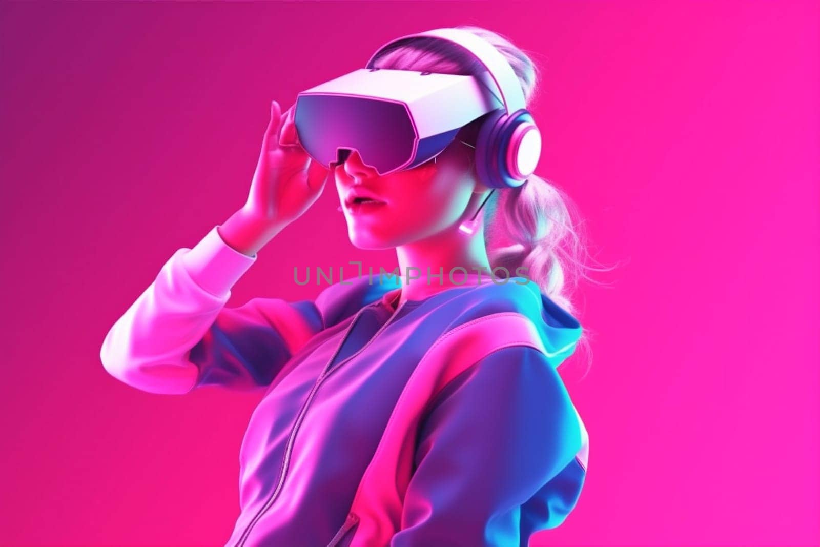 woman freedom virtual floating gadget reality glasses tech sport science game innovation vr fly digital neon lifestyle art virtual reality futuristic connect. Generative AI.