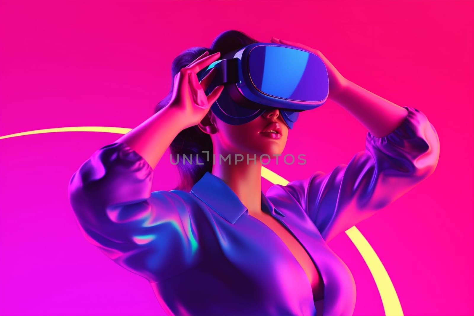 cyborg woman virtual neon vr reality glasses digital innovation sport game. Generative AI. by Vichizh