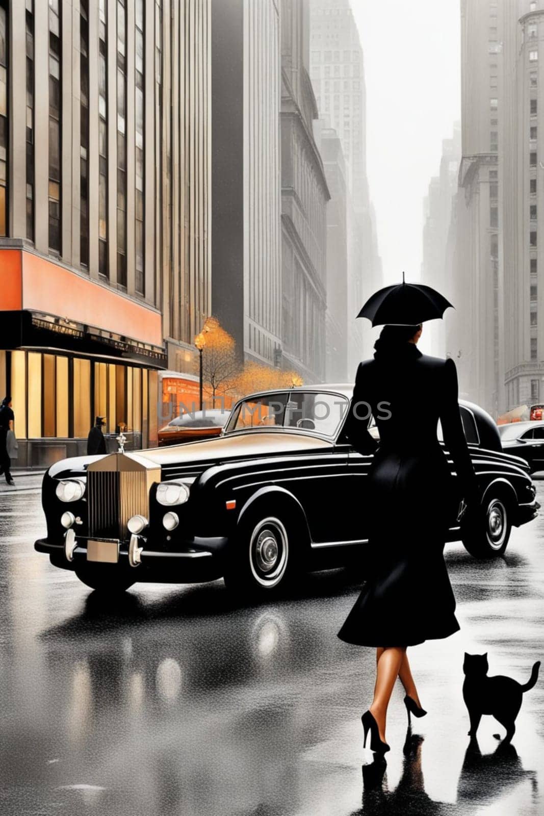 Vibrant curvy classy lady, wear black elegant winter coat high heels,rain, walk New york city taxis by verbano