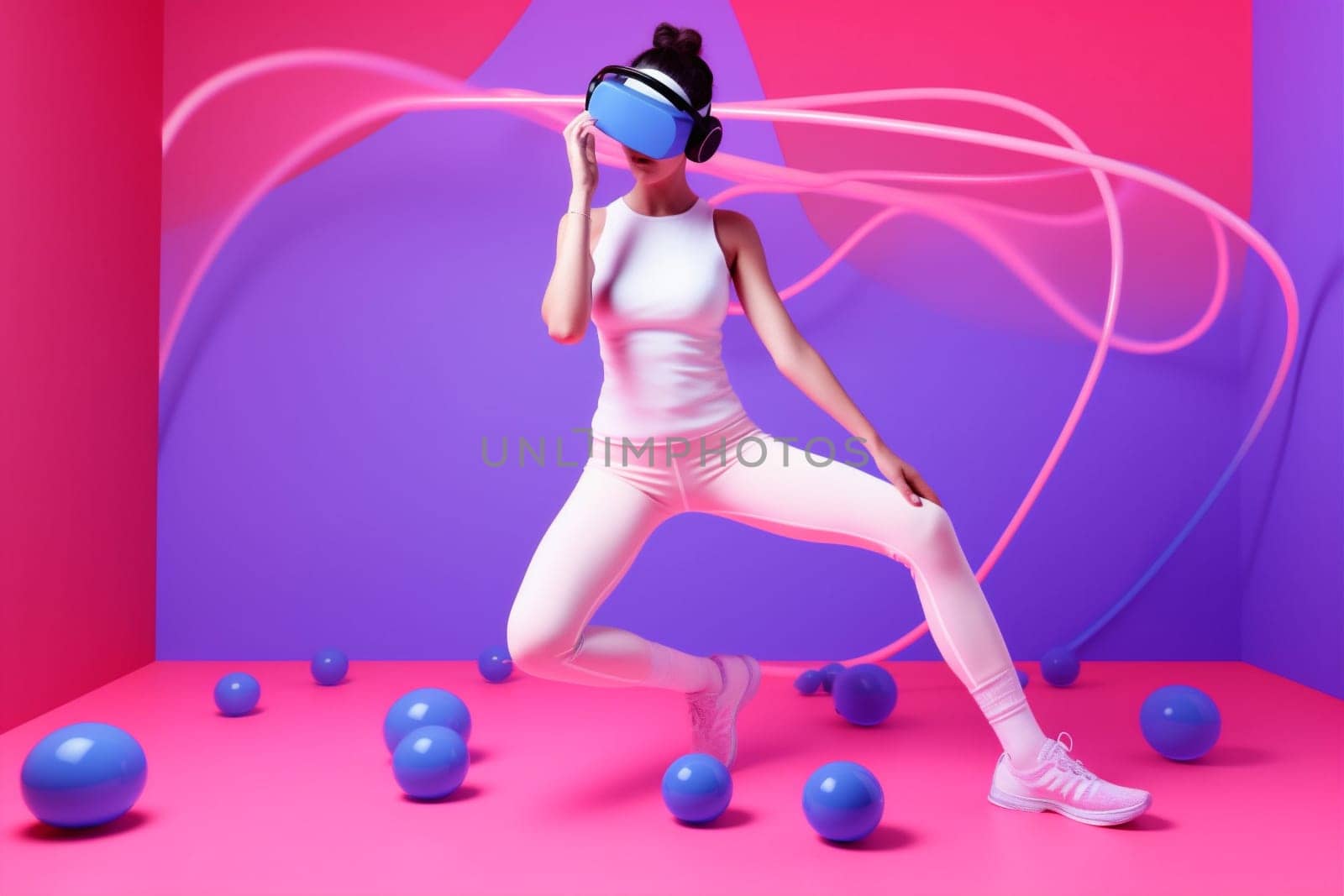 sport woman virtual digital reality neon virtual glasses vr reality game innovation. Generative AI. by Vichizh