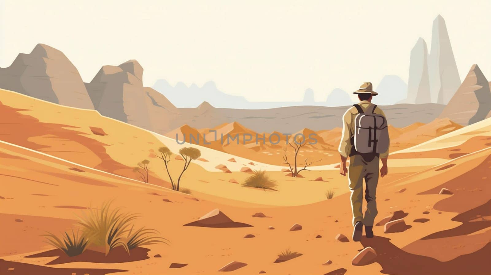 man hike boy ai journey landscape adventure mountain arid backpack outdoor travel desert trekking trek walking wilderness exploration dry footprint barren. Generative AI.