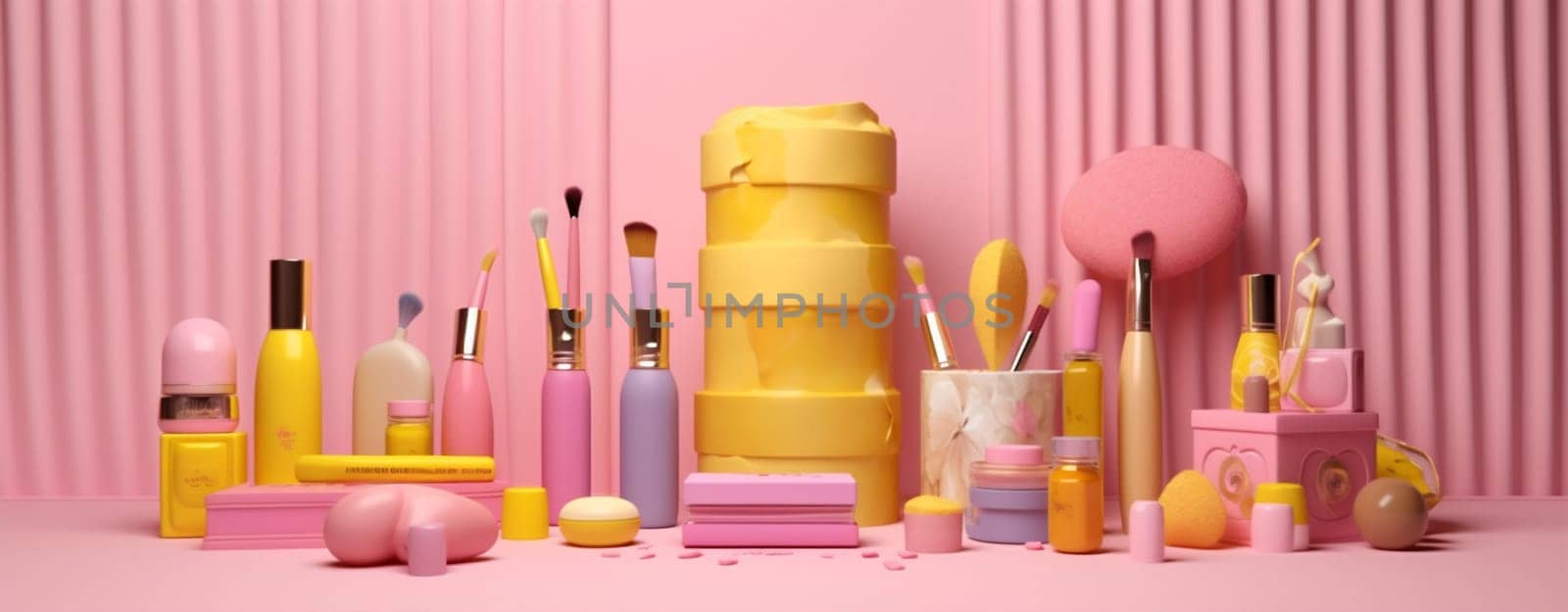facial background minimal design layout set concept object bottle makeup care group product cosmetic accessory fashion make-up white gold beauty advertising. Generative AI.