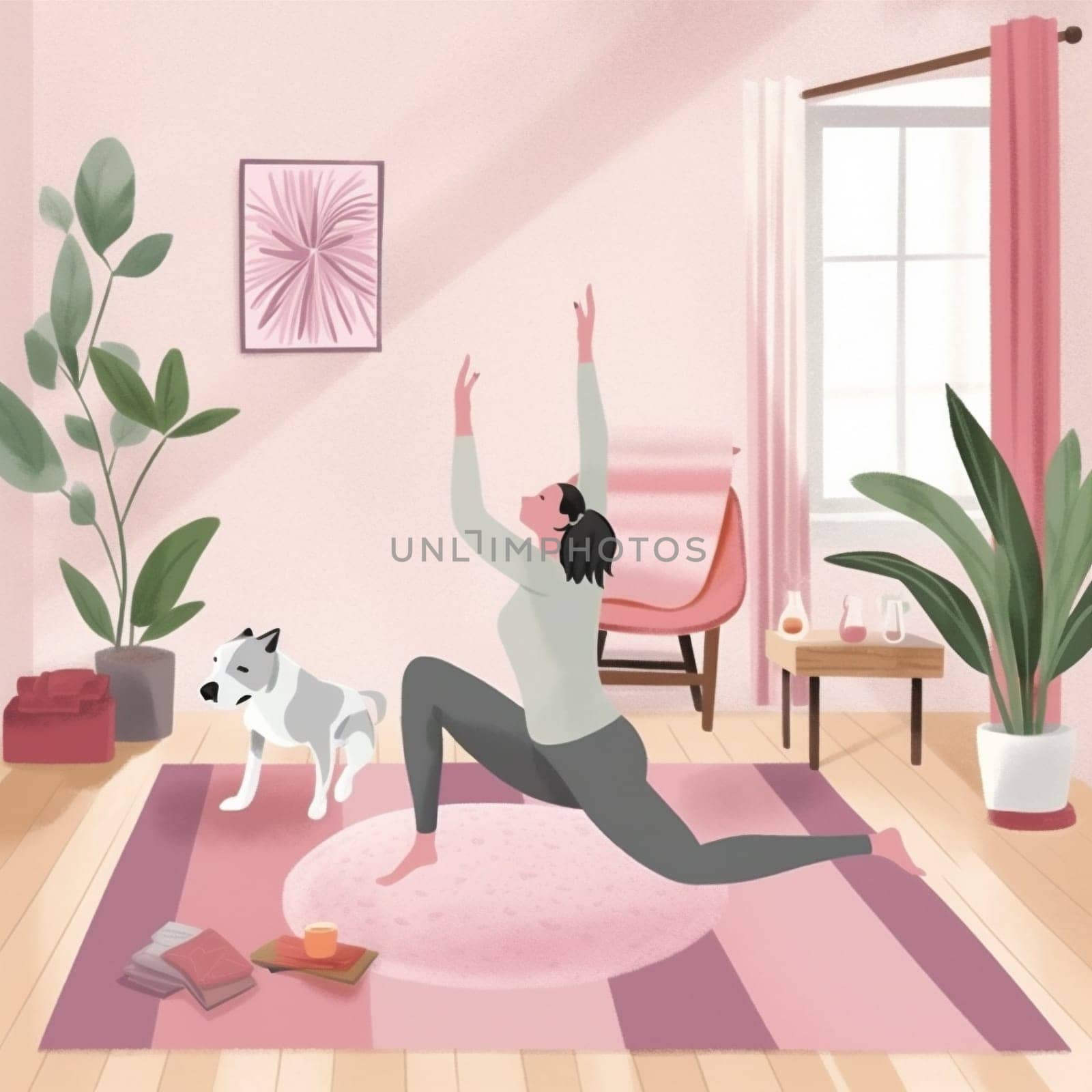 dog flat woman fitness lifestyle sport home cartoon yoga training body. Generative AI. by Vichizh