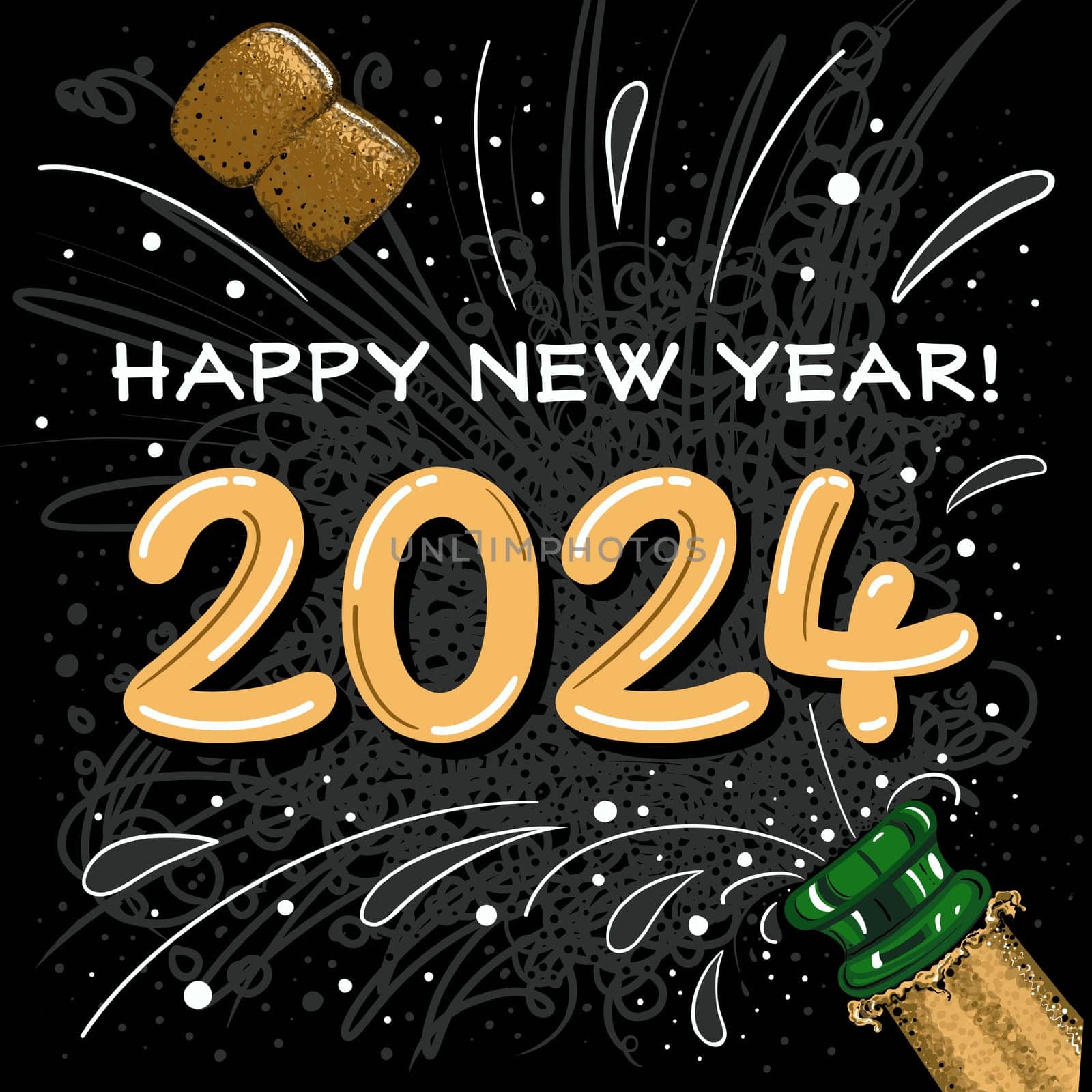 Happy new year illustration. Champagne cork being popped on New Year's Eve. 2024 New year celebration. Gold colours on a black background. Bubbles and fizz spurting from the bottle.