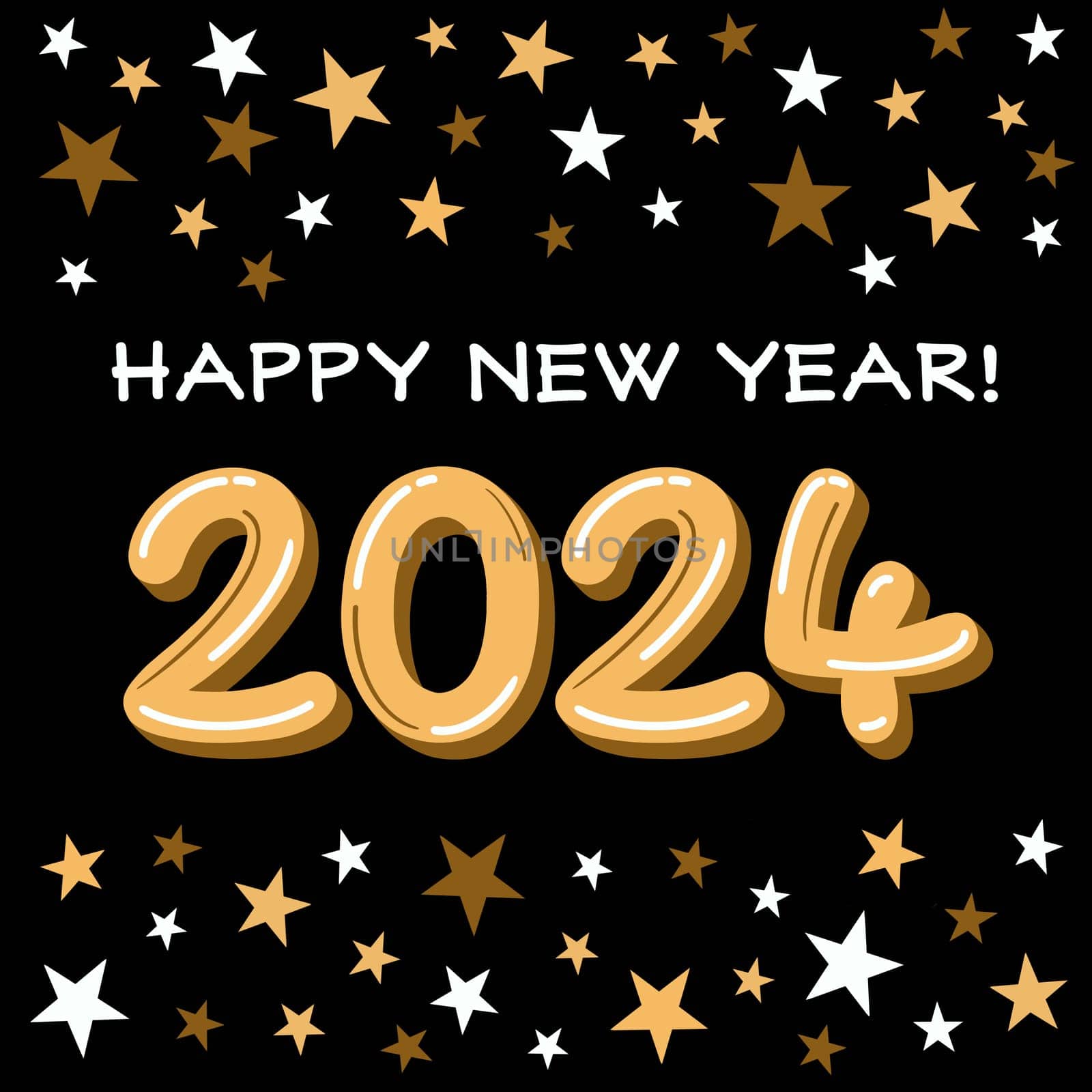 Happy new year illustration in classic gold and black. Shiny gold 2024 on a black background. Sparkling stars like fireworks or sparklers surround the numbers. Quirky New Year celebration image. Champagne coloured numbers.