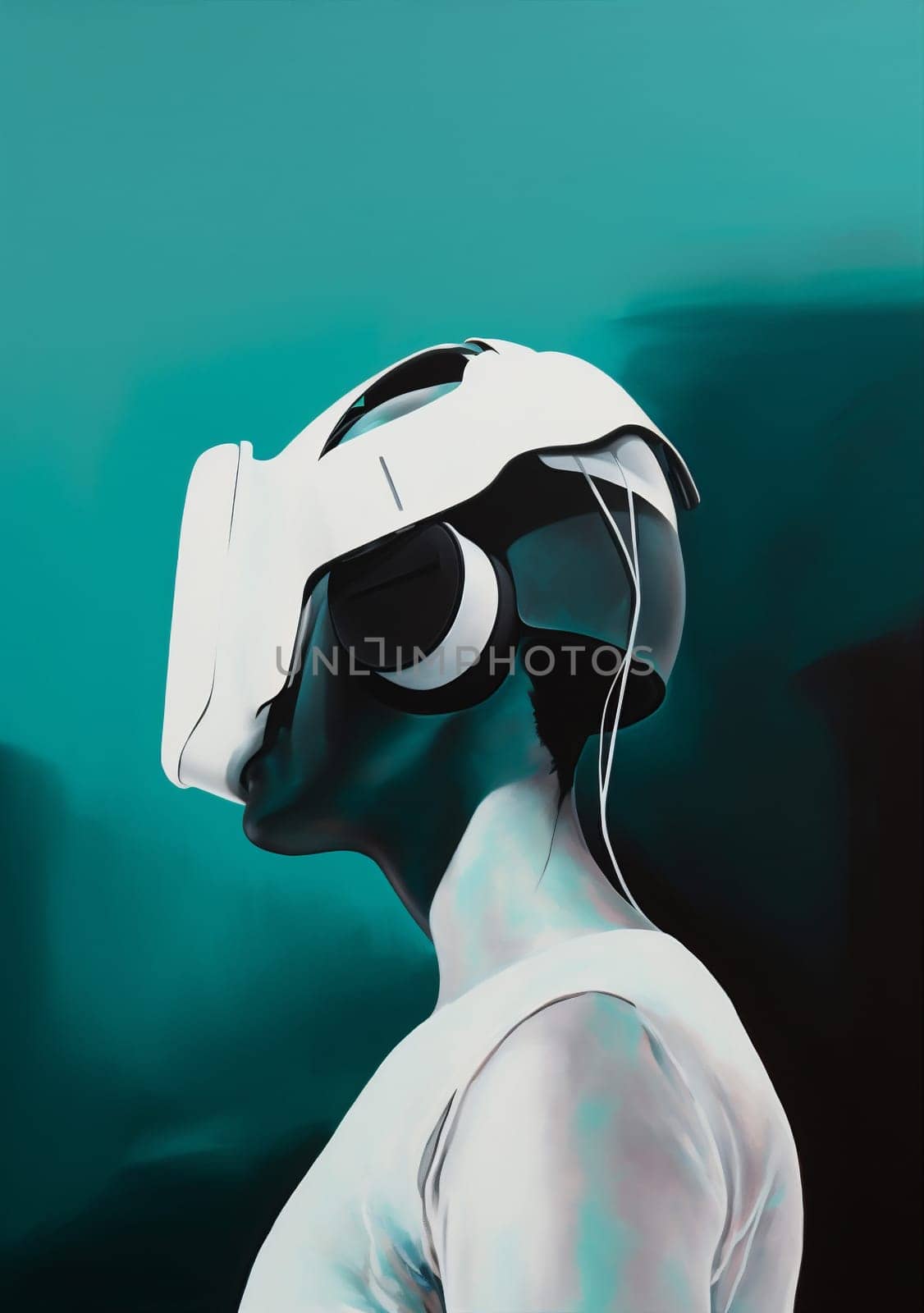 man vr online science futuristic technology gadget glasses goggles neon gaming headset experience digital cyber visual person gamer abstract game human. Generative AI.