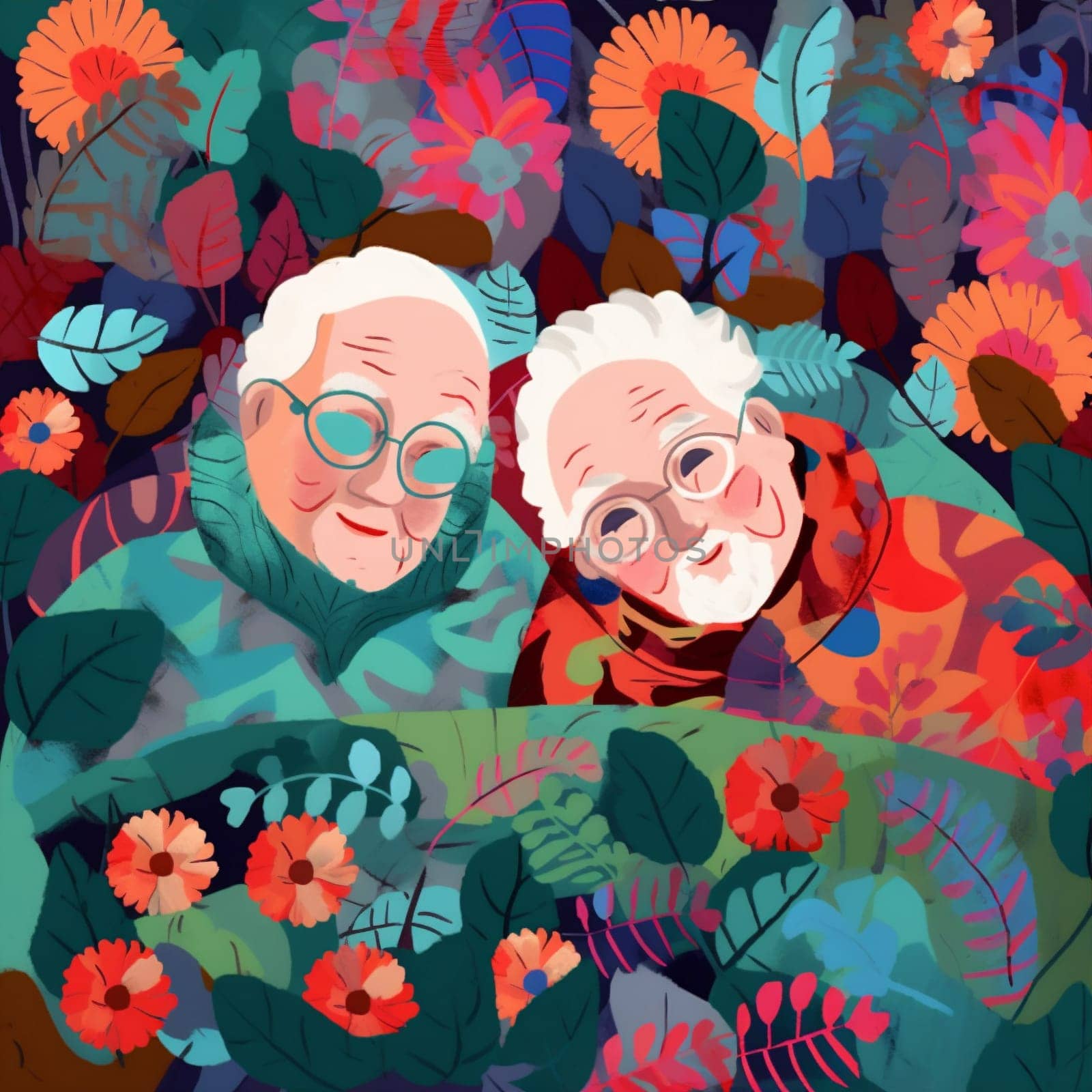 man woman happy home retired wife pillow grandfather partner love elderly cartoon flowers happiness asleep couple bed old aged rest character together. Generative AI.