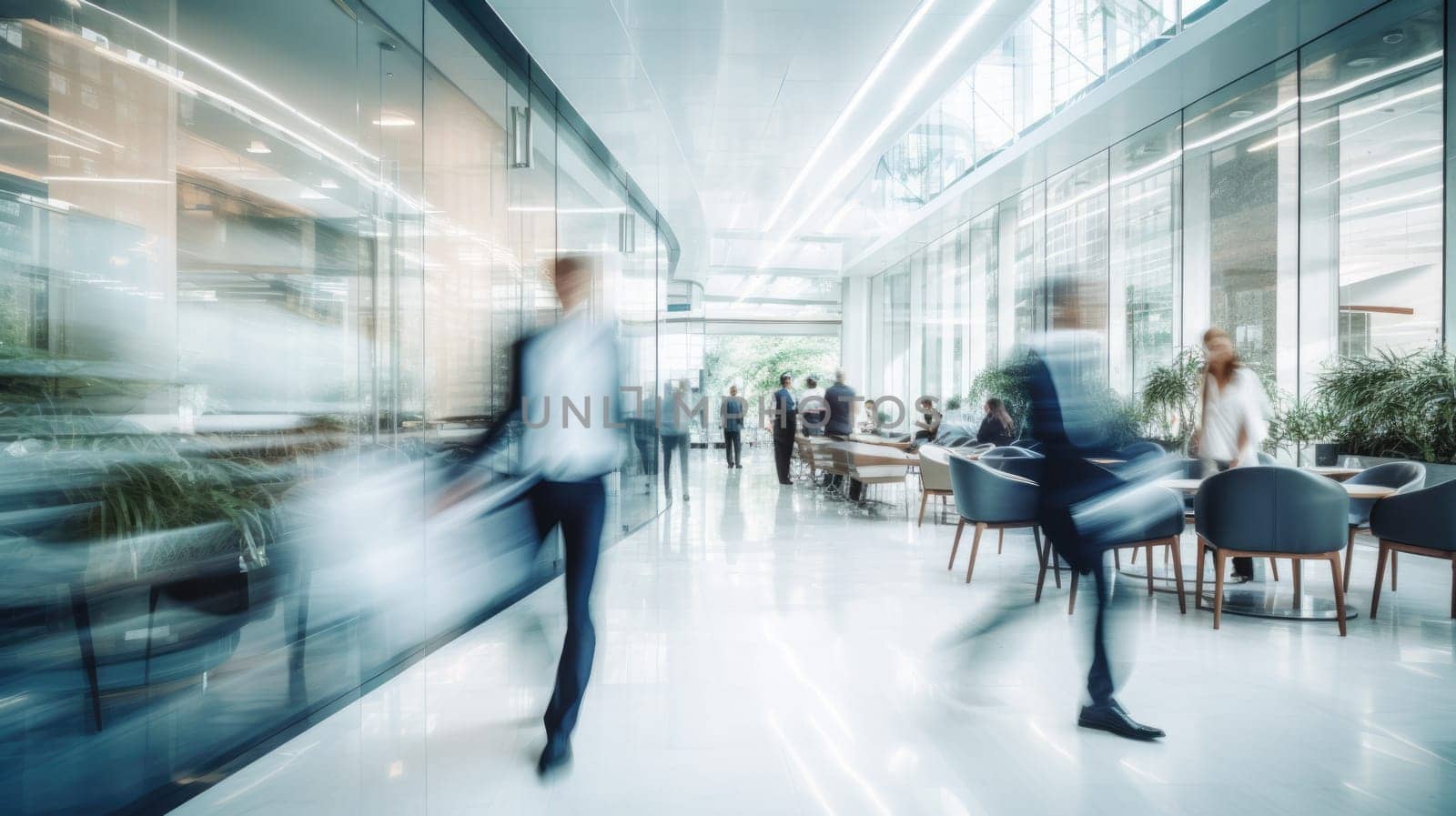 People rushing in office lobby with motion blur by biancoblue