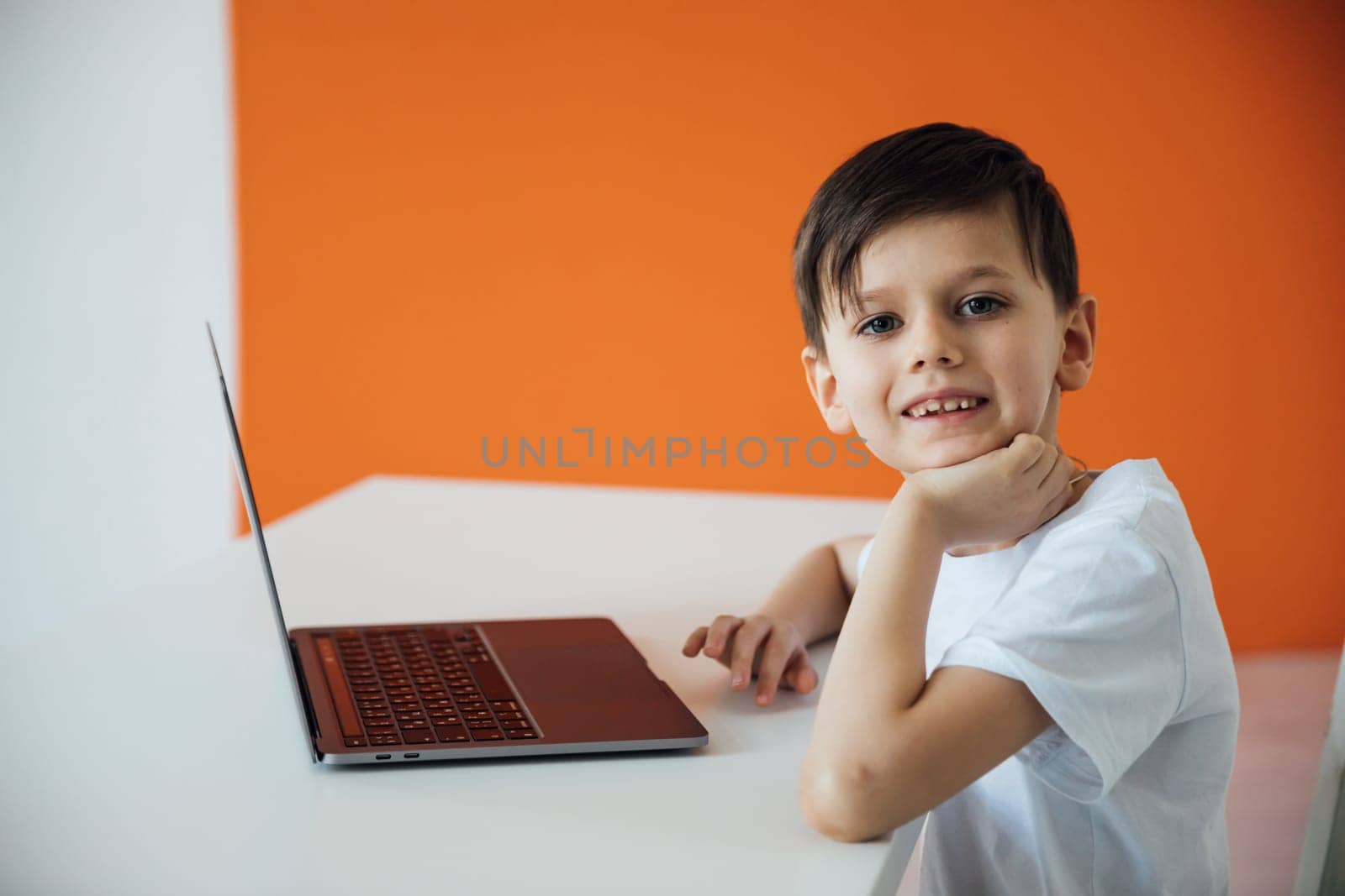 Smart Young Boy Works on a Laptop For His New Project in His Computer Science Class. by Simakov