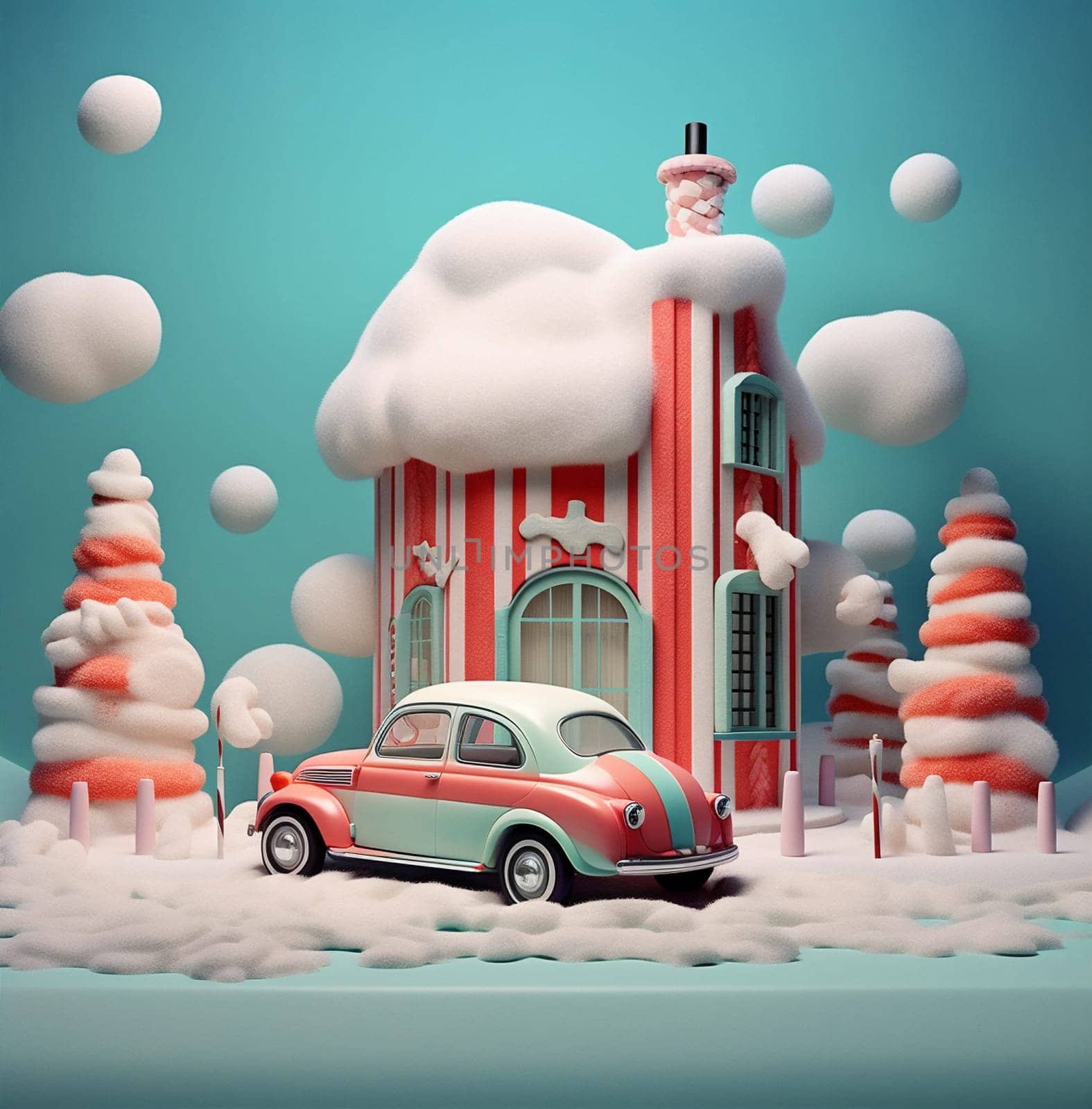 snow vintage celebration merry red festive sweet retro toy pink santa unusual christmas candy winter gift holiday season small car. Generative AI.