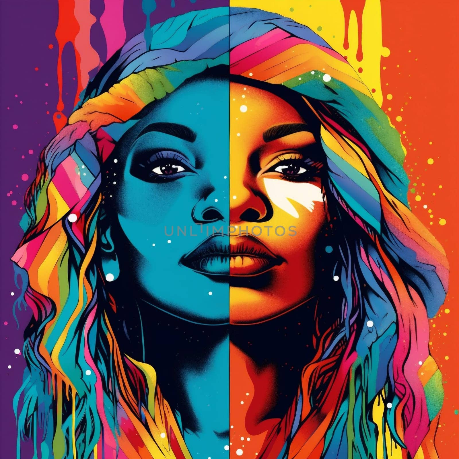 colours woman fashion black art rainbow illustration hair face graphic colourful. Generative AI. by Vichizh