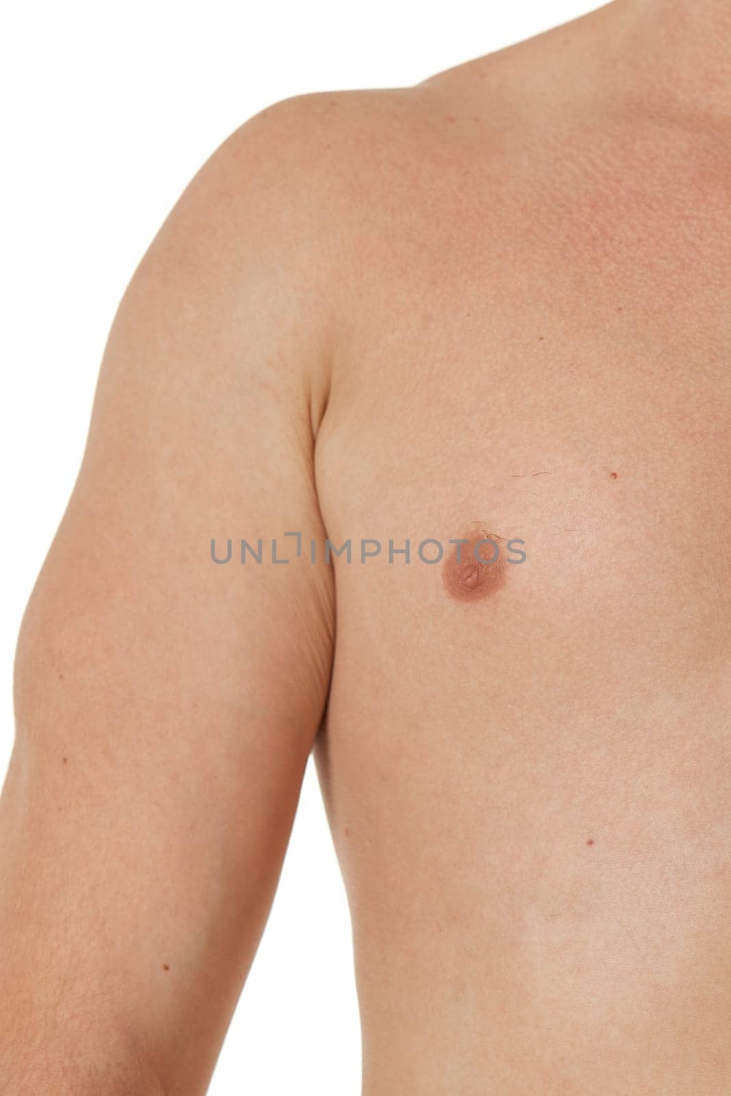 Muscular male torso and chest on white background, close-up