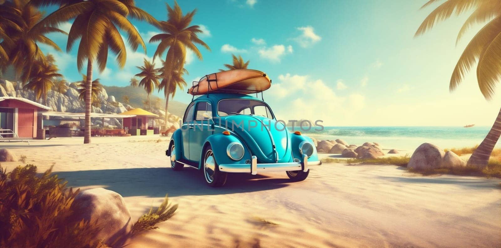 old sun tourism beach voyage retro vehicle summer vintage classic sunlight road travel sand nature surfing tropical car trip vacation. Generative AI.
