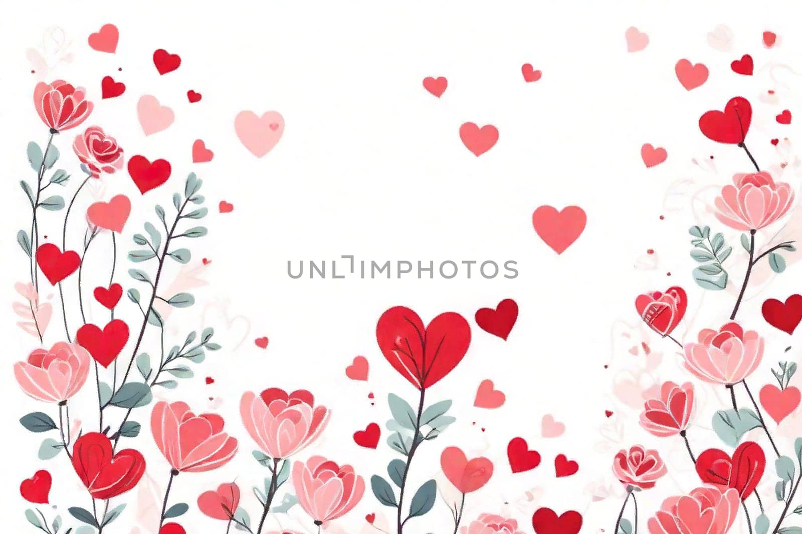 Romantic card for valentine's day and mother's day, festive mood red hearts and flowers on a white background