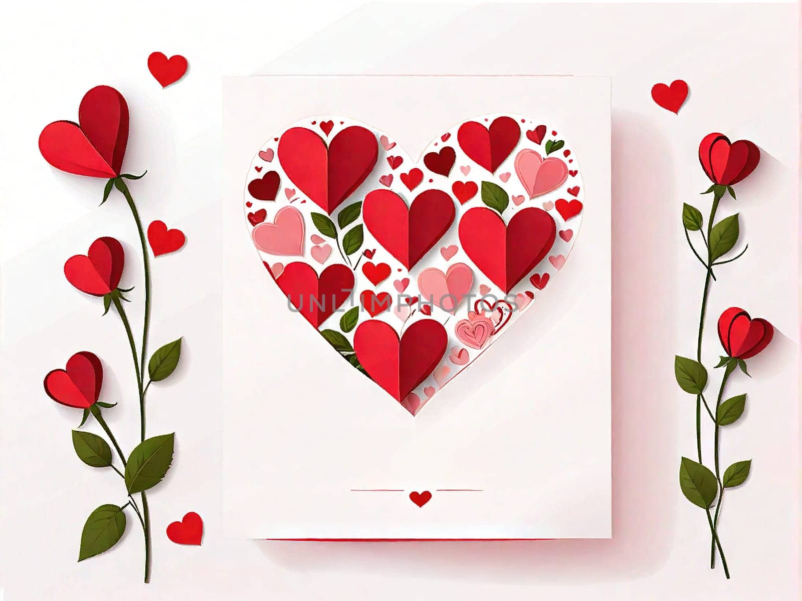 Romantic card for valentine's day and mother's day, festive mood red hearts and flowers on a white background