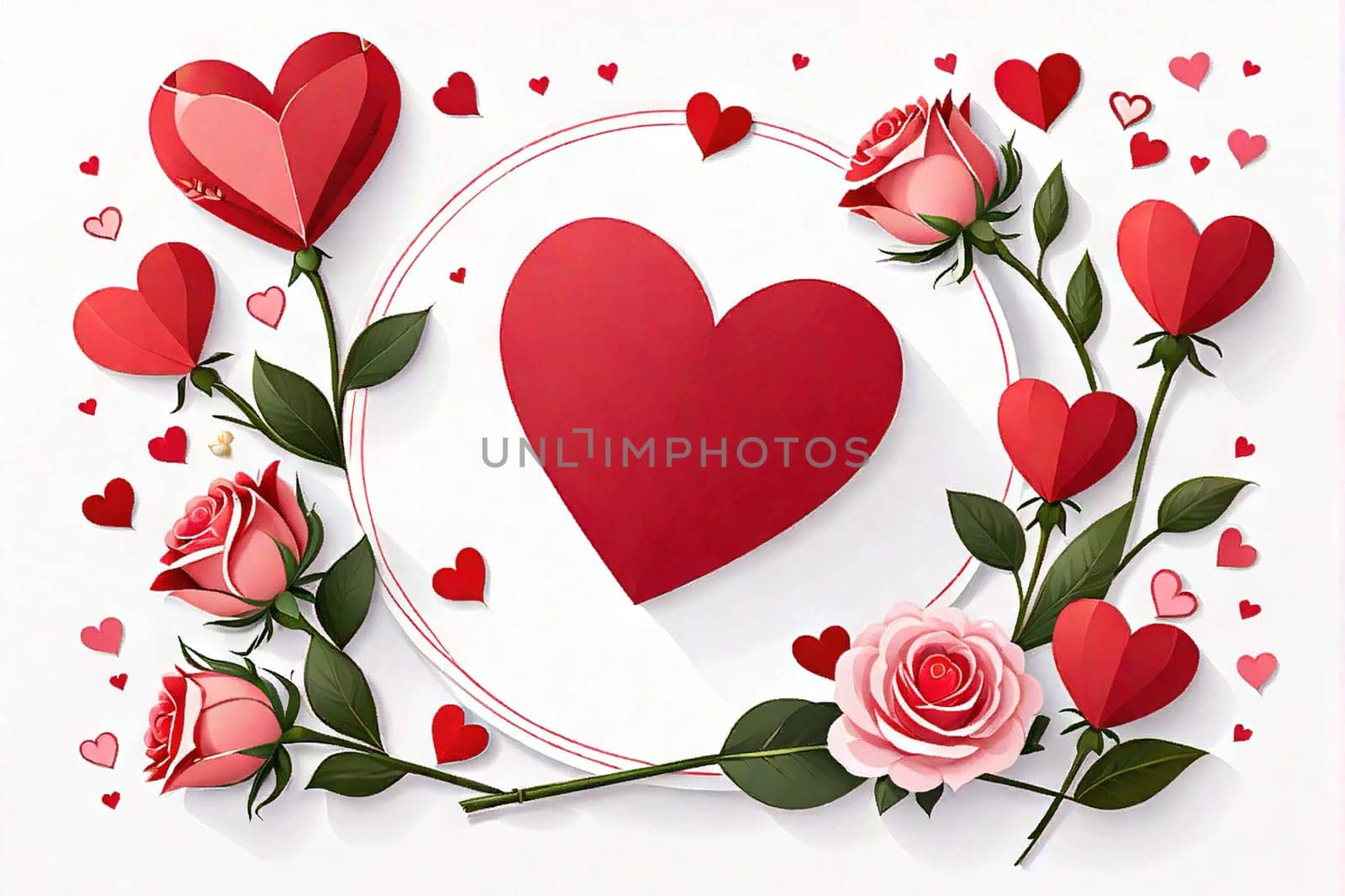 Romantic card for valentine's day and mother's day, festive mood red hearts and flowers on a white background