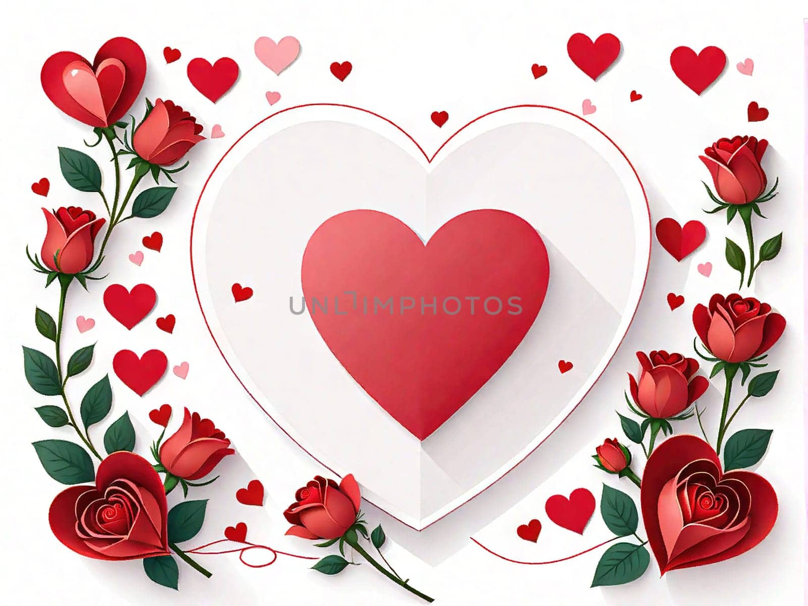 Romantic card for valentine's day and mother's day, festive mood red hearts and flowers on a white background