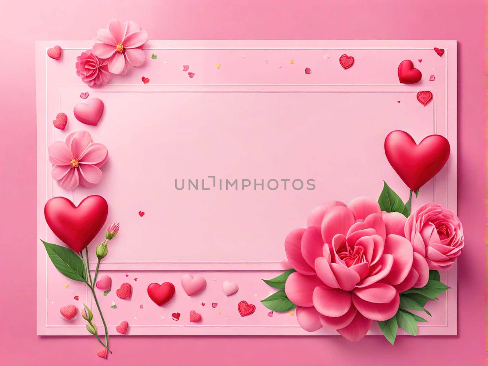 Love Valentine background frame with red hearts and flowers on pink background. by EkaterinaPereslavtseva